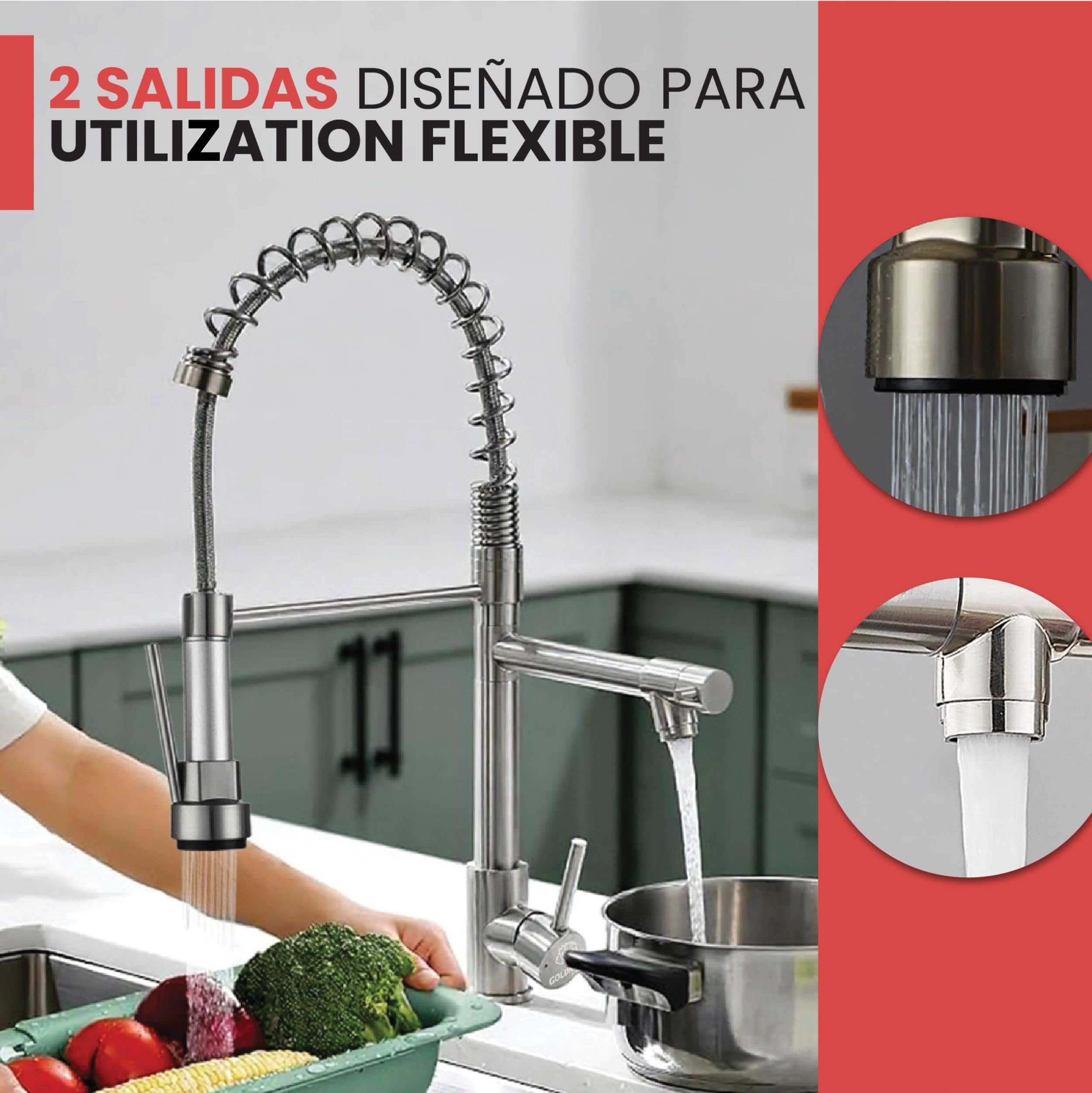 GOLDMAN SERVICE | Grifo Cocina Monomando Extraíble con Caño – Acero Inoxidable, 2 Modos Agua (Spray/Flujo), Giratorio 360°, Manguera 40cm, Instalación Rápida, Grifo Fregadero Flexible
