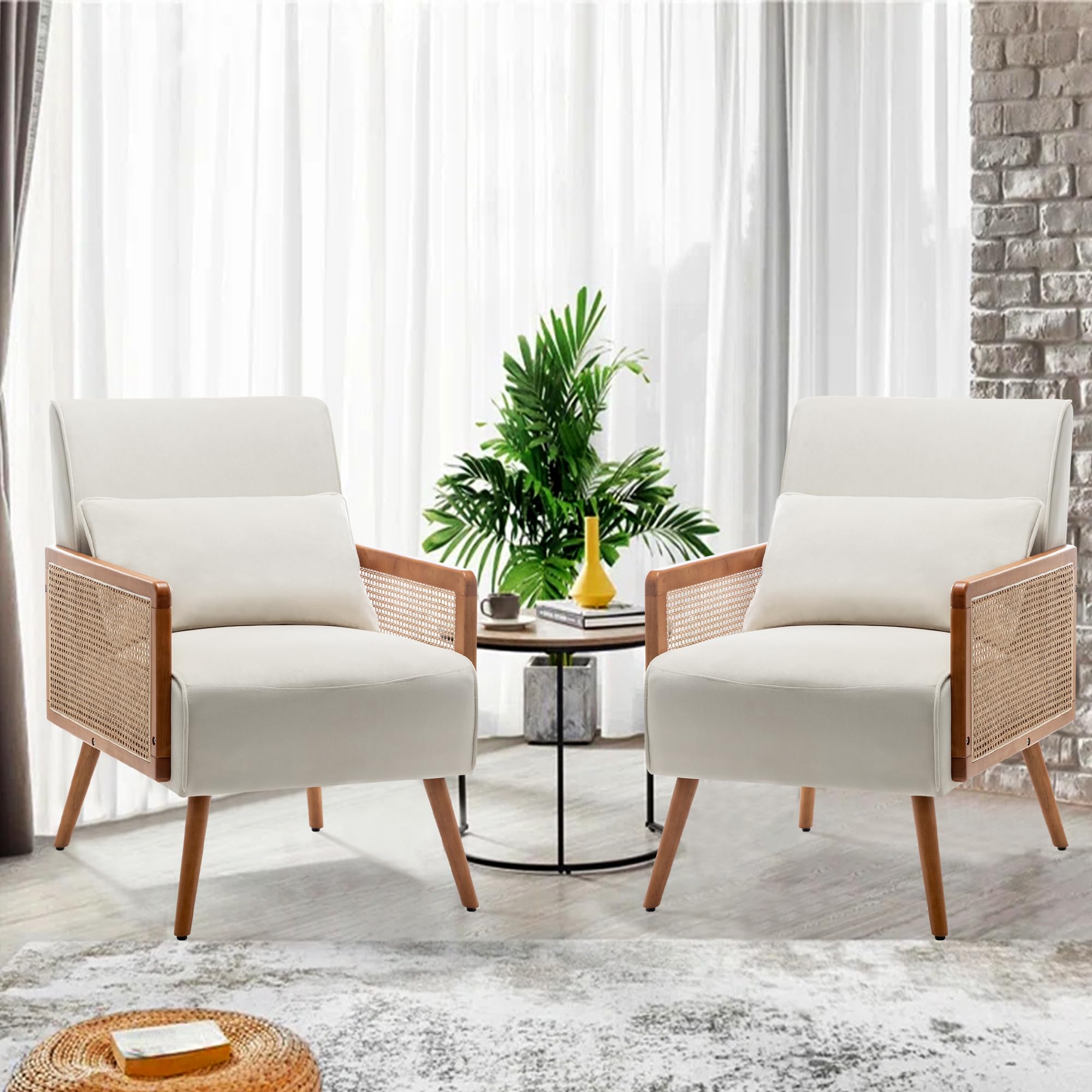 Mid Century Rattan Accent Chair Set of 2, Wooden Upholstered Leisure Armchair with Rattan Armrest, Modern Comfy Reading Accent Chair, for Living Room Bedroom Lounge Side Boho Club Chair, Beige