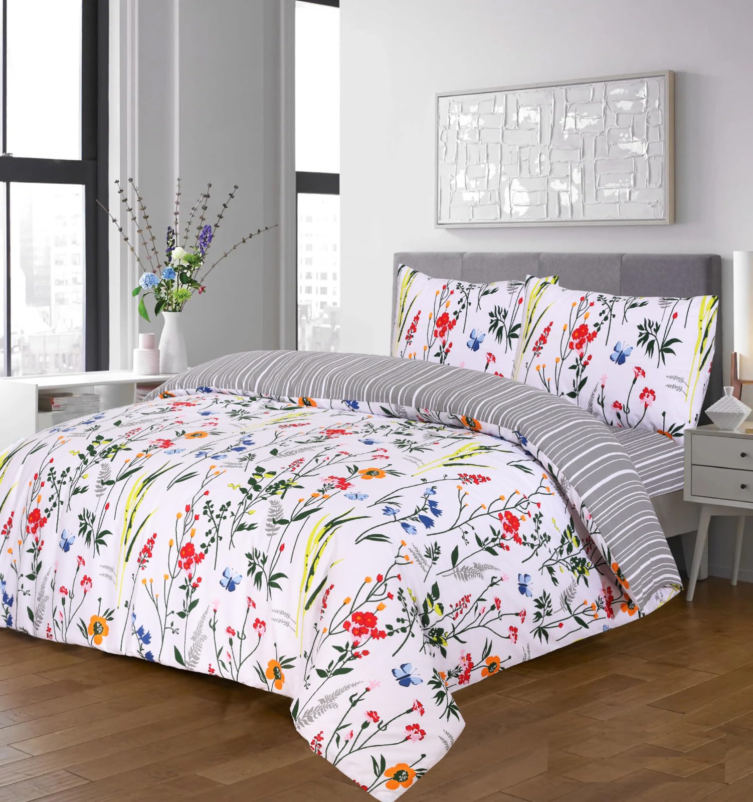 ZIMEL HOMES Fleur Duvet Cover Set with Pillow Cases and Matching Fitted Sheet Duvet Set Cotton Blend (Virginia, King)