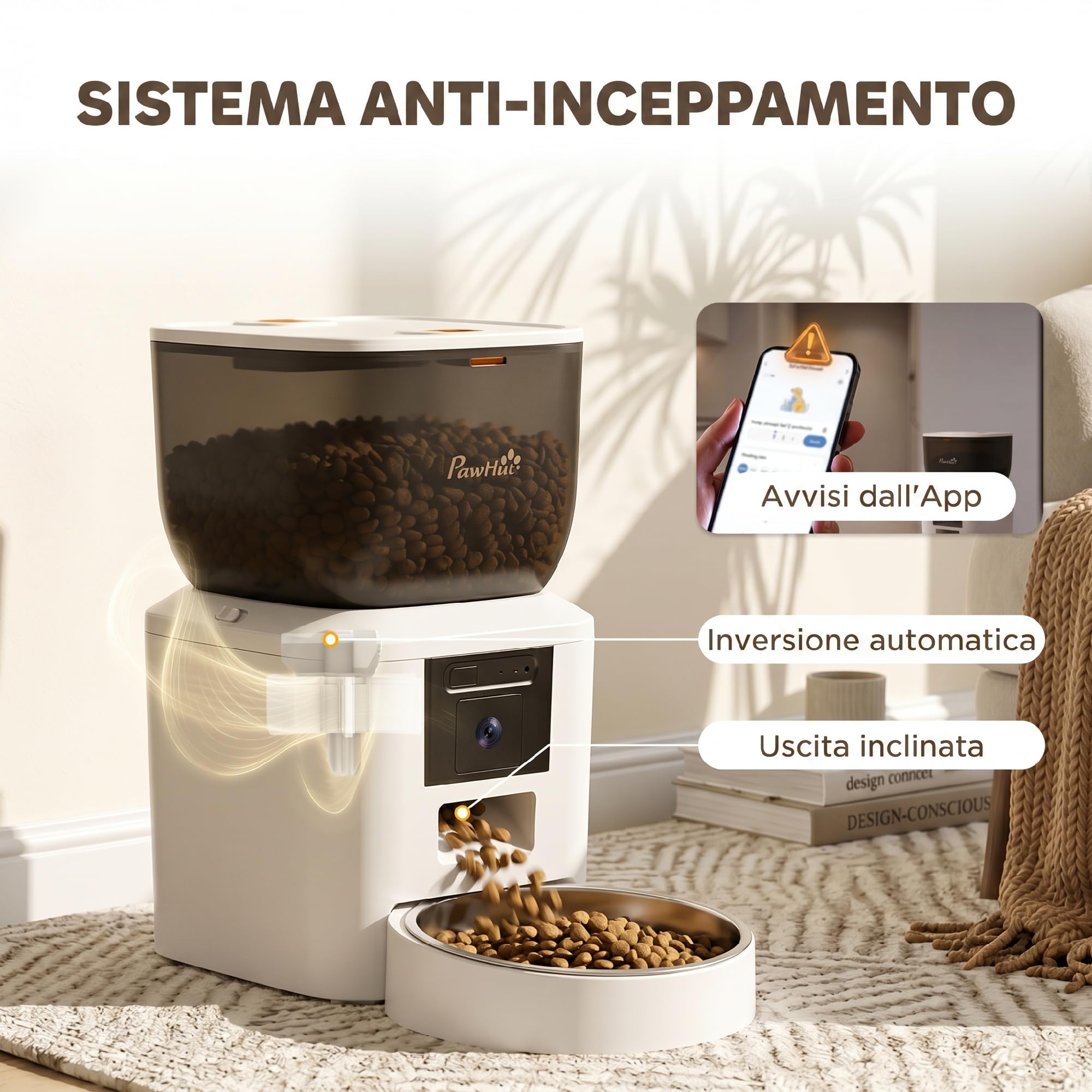 PawHut Distributore Automatico Cibo Gatti Cani 4L con Telecamera WiFi 2.4G | Dispenser Erogatore Crocchette Gatto, Controllo App, Timer, Visione Notturna, Audio Bidirezionale, 1-10 Pasti/G, Ciotola Inox