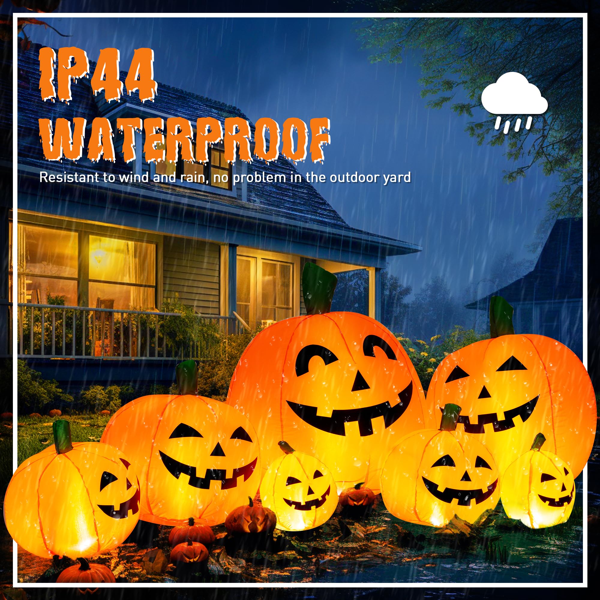 Solpex Halloween Deko, Halloween Inflatable Pumpkin Decoration, 240cm/8FT, 7 Pumpkin Set with 21 LED Lighting for Party, Garden, Lawn, Yard Decoration (Orange & White)