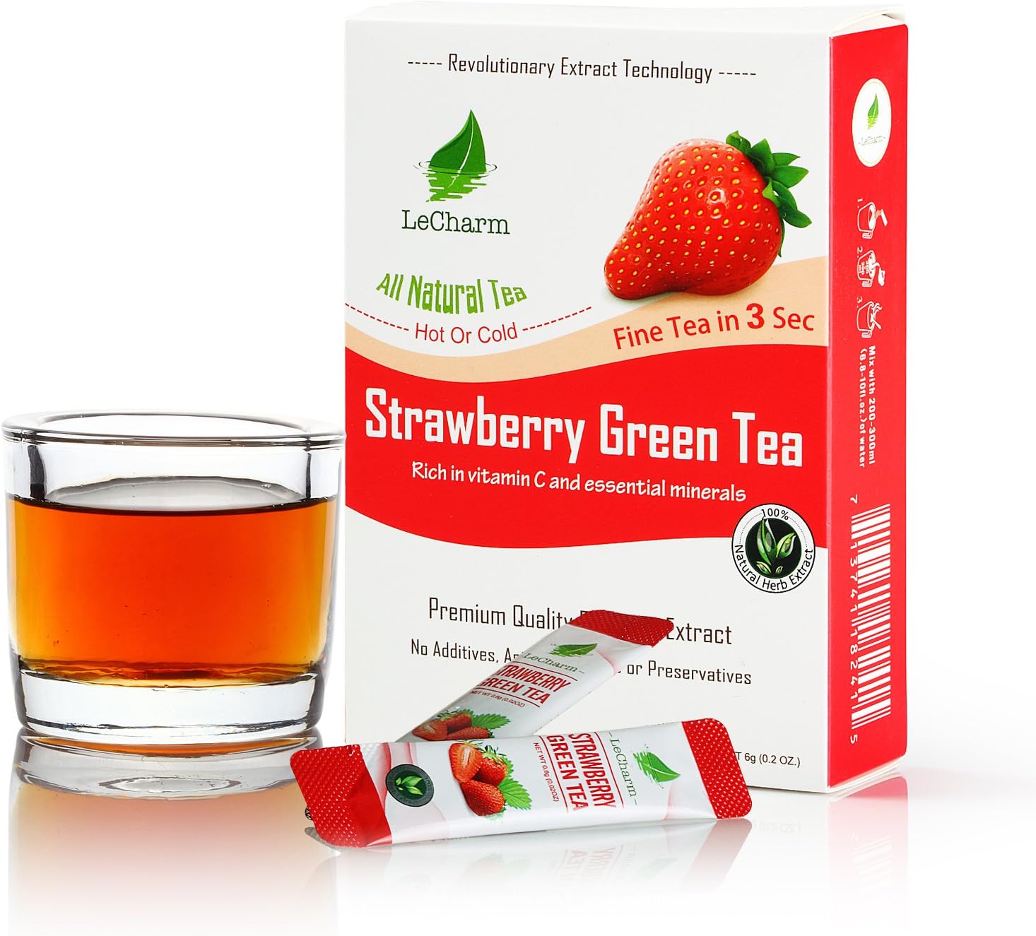 LeCharm100% Natural Extract Strawberry Green Instant Tea on the Go, Unsweetened Drink Crystallized Tea Powder for Pure Water, Iced and Hot (10 Sachets)