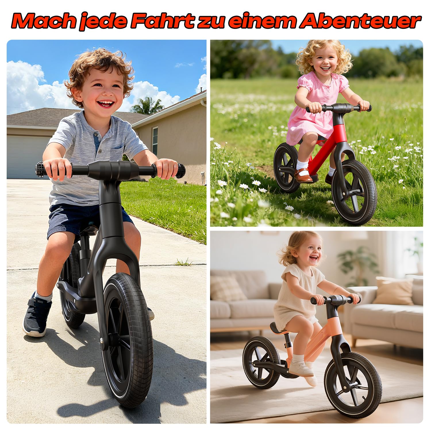 Skirfy Bicicleta infantil a partir de 2 años, juguete infantil para niños de 2 a 6 años, neumáticos de 14 pulgadas, asiento ajustable, marco ligero sin pedales, bicicleta de regalo para niños y niñas.