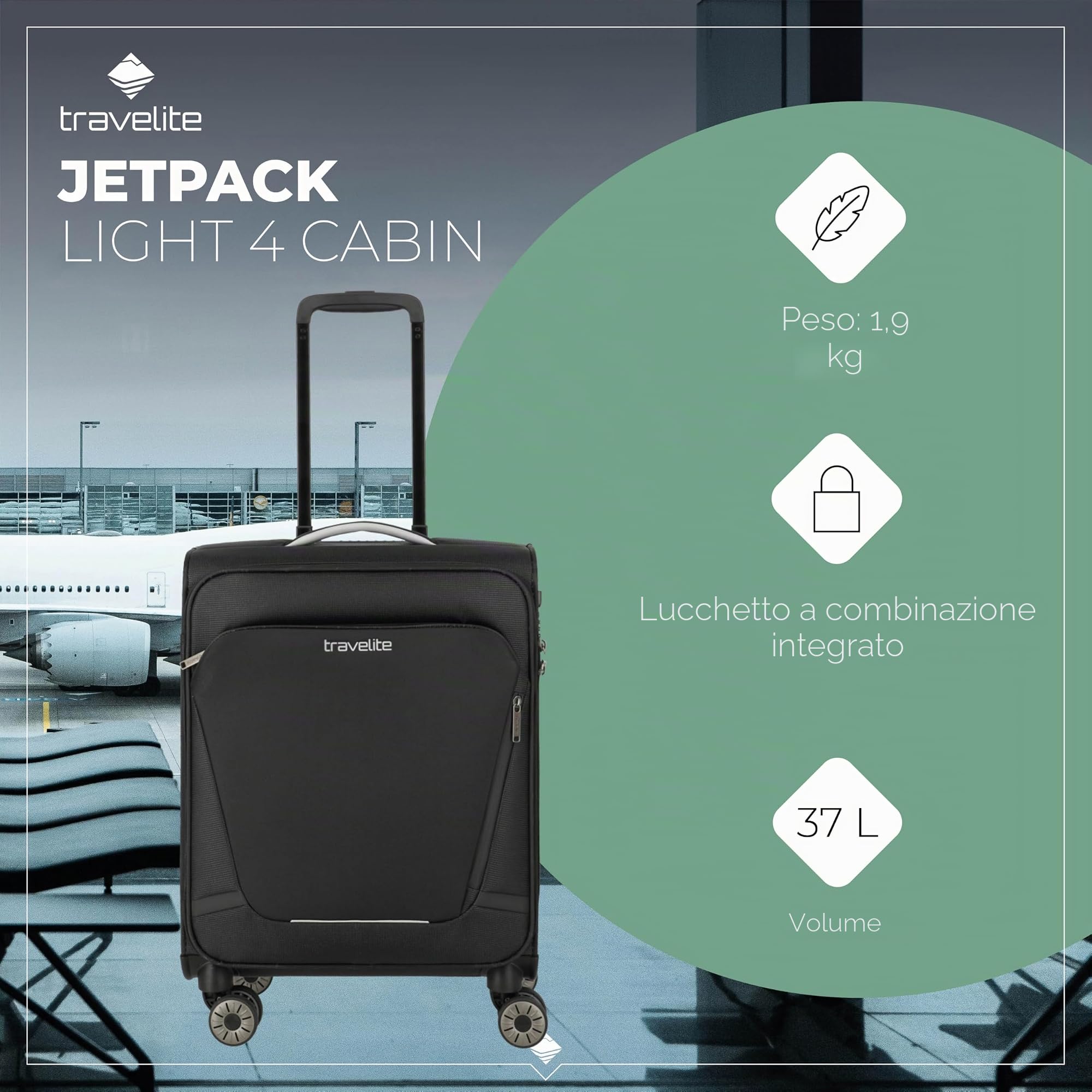 travelite valigia a mano con 4 rotelle per Condor + Ryanair, serratura a combinazione integrata, trolley morbido superleggero con funzione di aggancio, 55x40x20 cm, 37 l, 1,9 kg