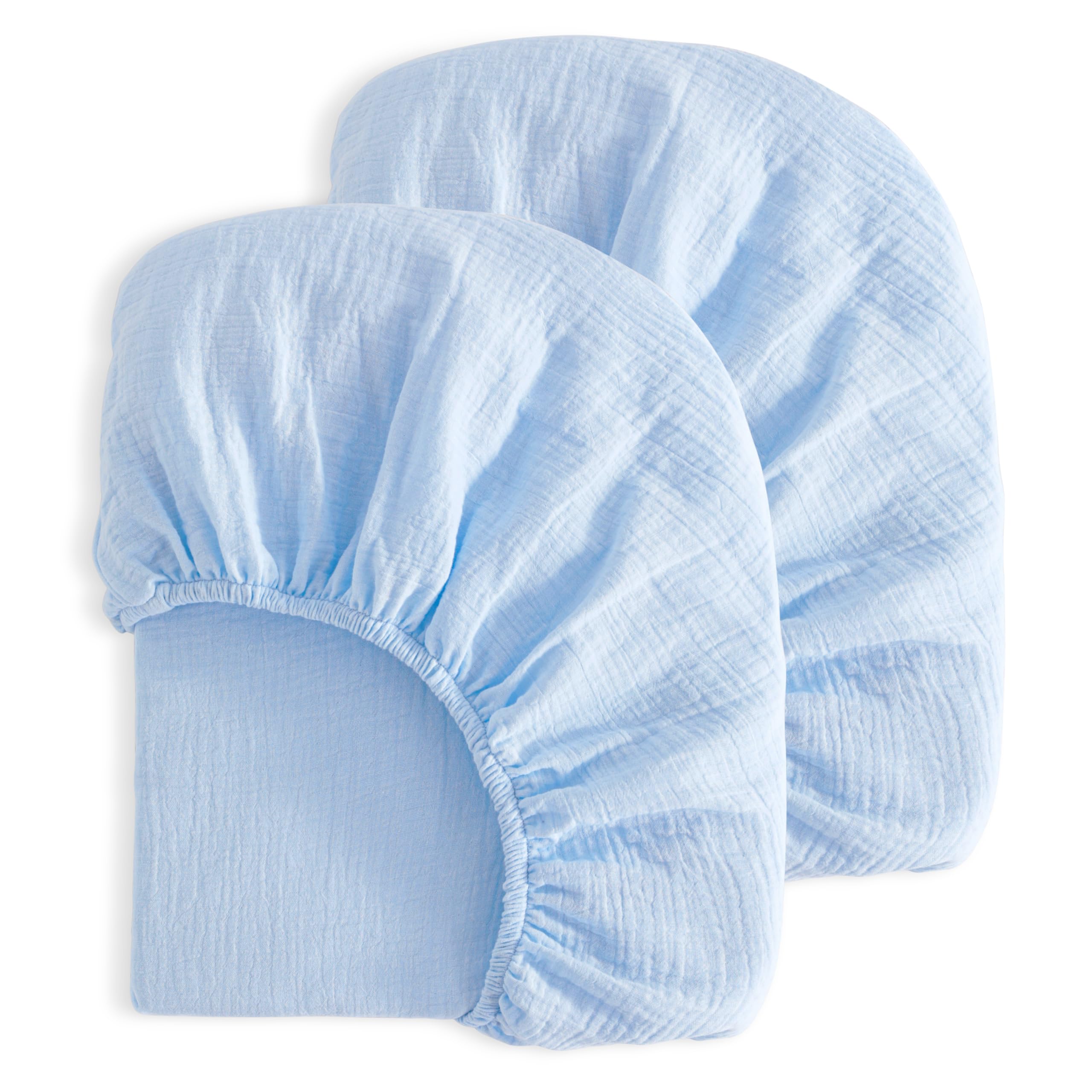 NTBAY Mini Crib Muslin Fitted Sheets, 2 Pack, 24 x 38, Aqua | Double-layer Muslin Cotton Sheets with Full Elastic for Compatible 24 x 38 Inch Mini Crib Mattresses, 2 Fitted Sheets