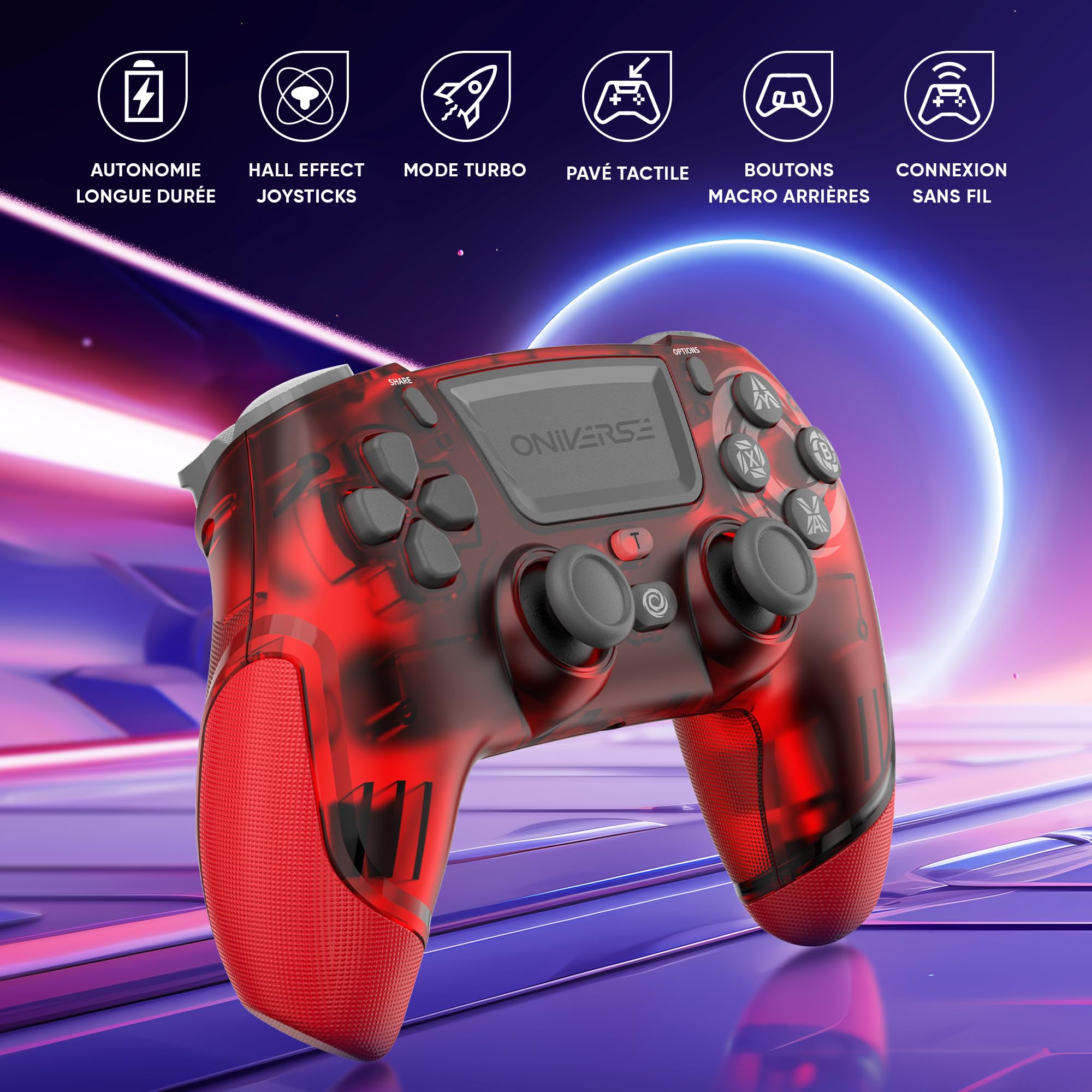 Manette sans fil pour PS4 PS3 PC ANDROID iOS, Sortie Casque, Joystick Hall Effect, Batterie Rechargeable 1000mAh, boutons macro, mode Turbo, Wake up, Gyroscope 6 axes, Revolt Mars Red
