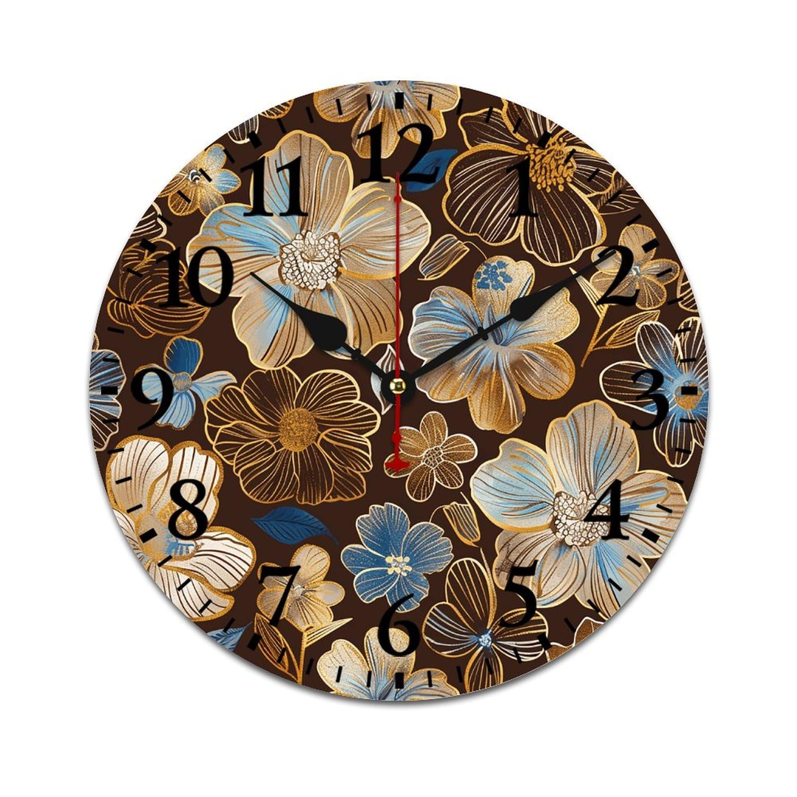 NTVOWPZO 10 Inch Wall Clock Wooden Hand Drawn Flowers Battery Operated Wall Clocks Silent Non-Ticking Square Wall Clock for Living Room Kitchen Home Office Wall Decorative Clocks