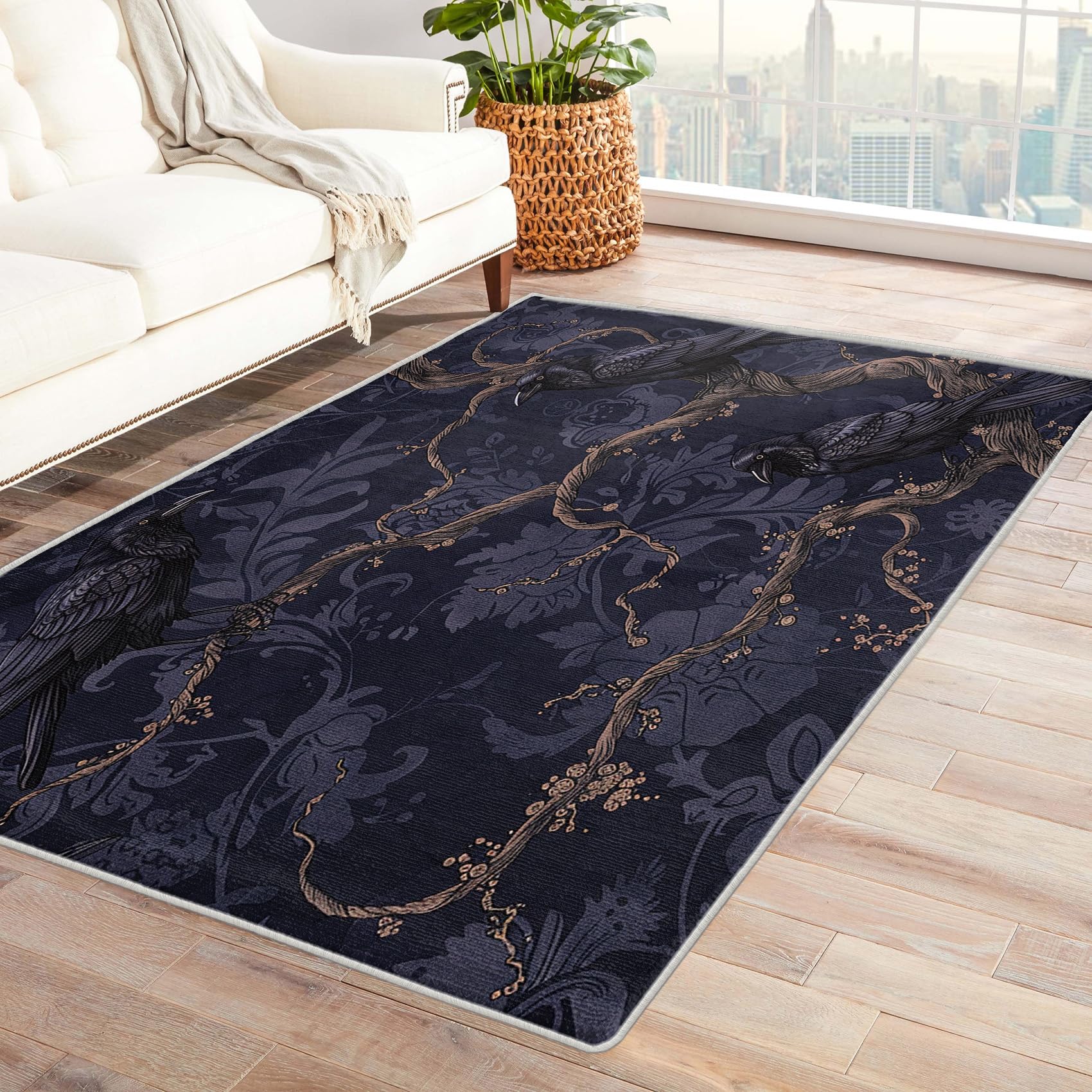 NejTrenzy Goth Crow Throw Rug 2x3, Washable Raven Rugs for Entryway Bedroom Kitchen, Dead Tree Area Rug for Home Decor, Non Slip Backing Indoor Floor