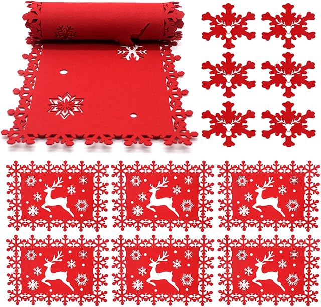 Christmas Table Decoration, 1PC Christmas Table Runners +6PCS Christmas Table Placemats and Coasters Set for Christmas Holiday Table Home Party Decoration