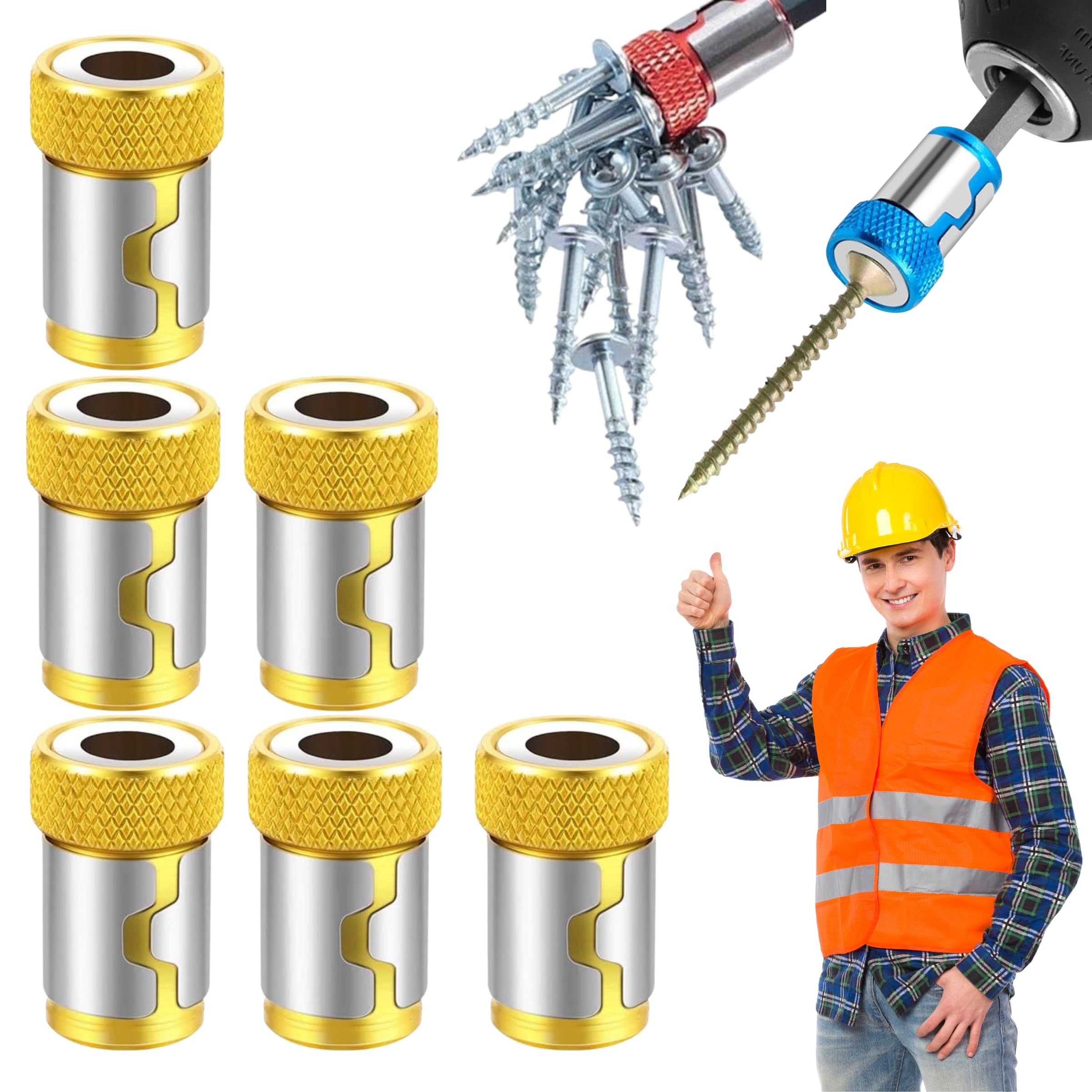 6Pcs Screwdriver Head Magnetic Ring, 2025 Upgraded Universal Magnetizer Screw Removable for Hex Screwdriver and Power Bits (Yellow)