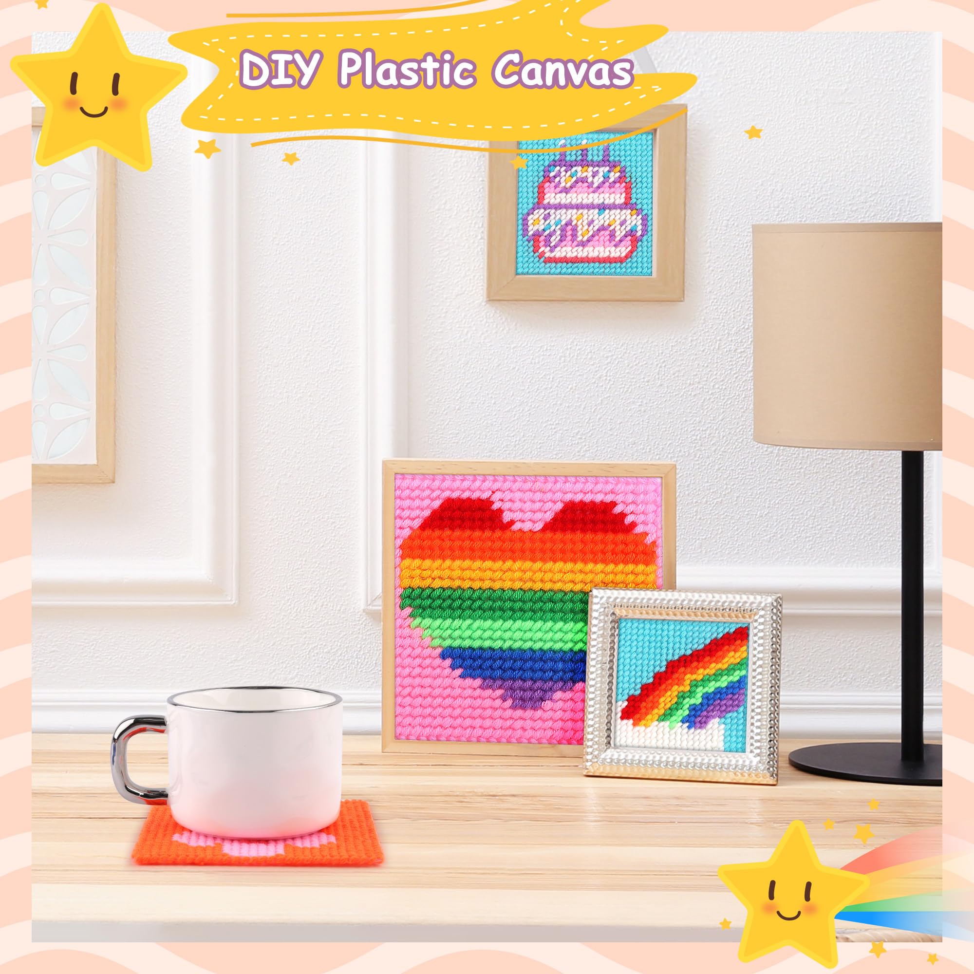 Pllieay Punto Croce Bambini 12-in-1 per Bambini, Kit di Ricamo Include 12 Pezzi di Tela in Plastica Vuota, 16 Fili, 6 Aghi da Ricamo, Kit Punto Croce per Principianti con Istruzion Set Punto Croce
