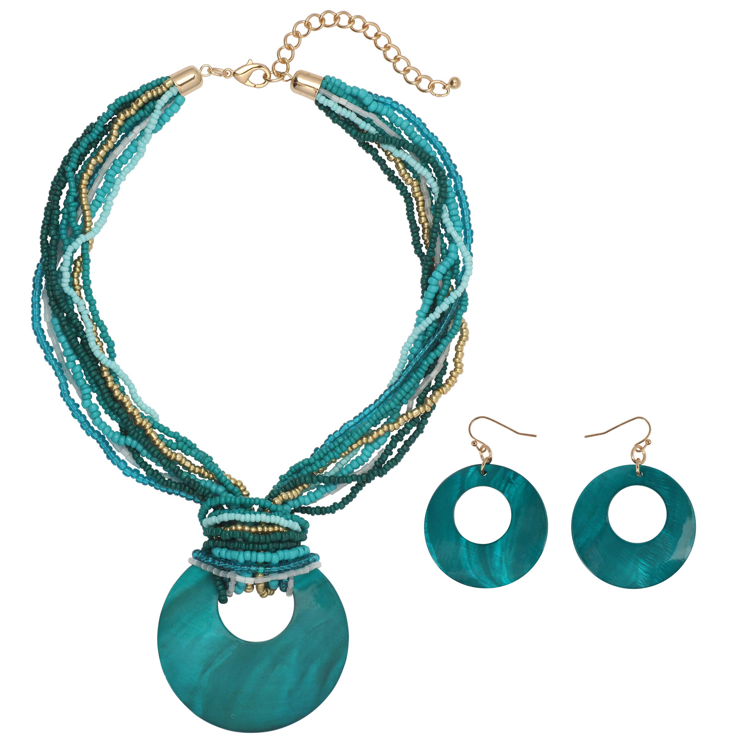 Coiris Multi Strand Statement Colorful Beaded Necklace with Big Circle Shell Pendant for Women