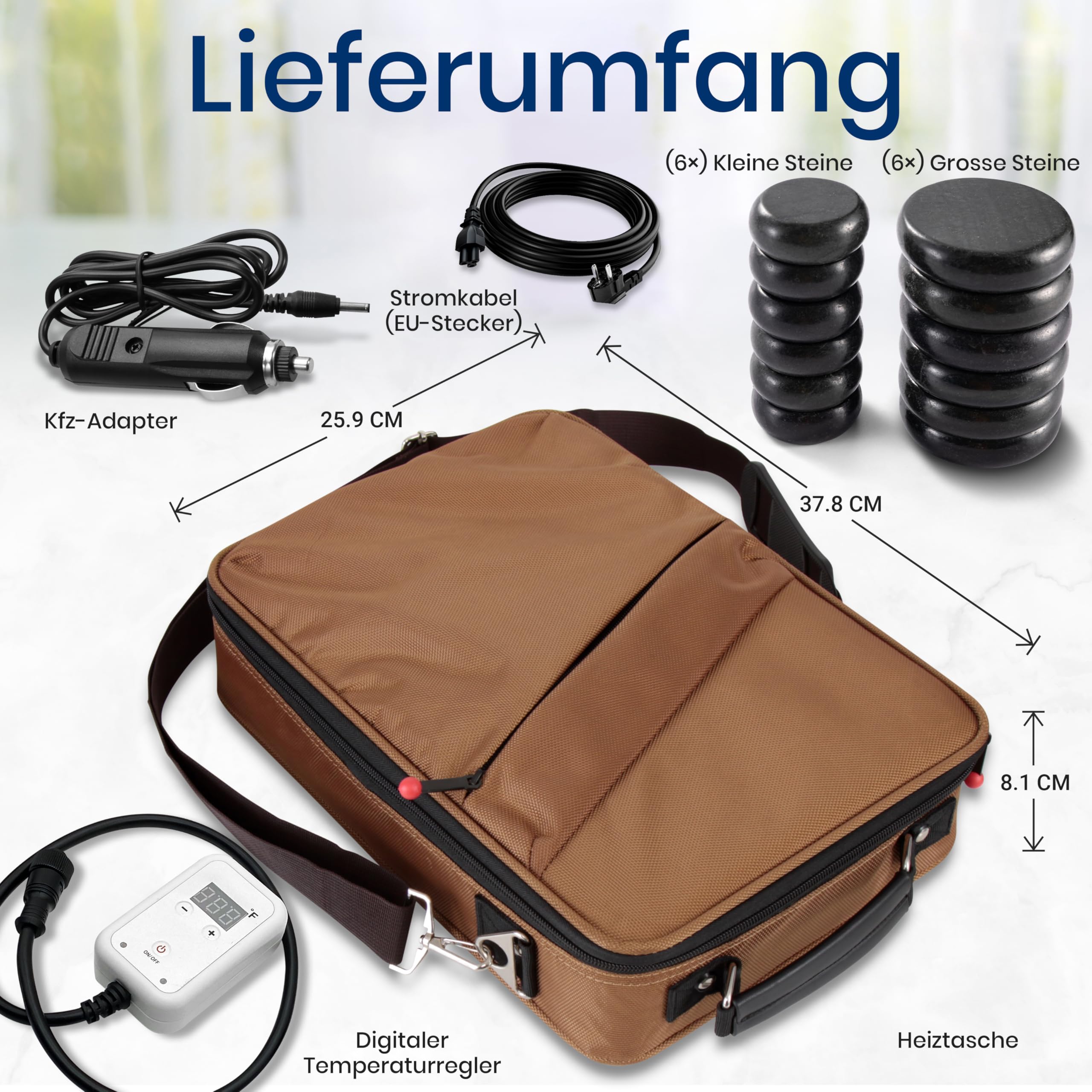 SereneLife Hot Stone Massage Set mit Heiztasche 12 Basalt Massagesteine Digitale Temperatursteuerung Wärmegerät Wellness
