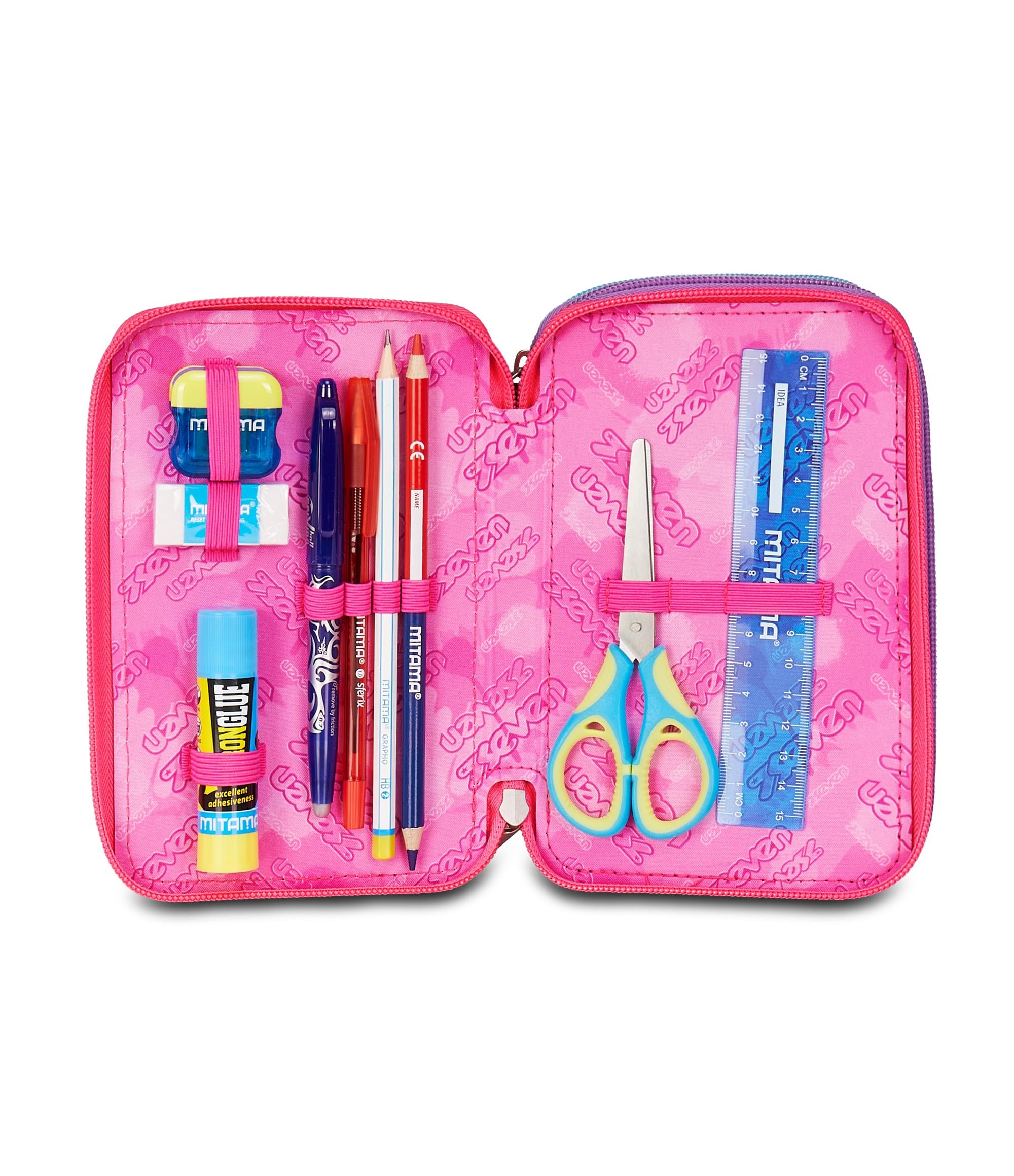 Seven Astuccio Scuola 3 scomparti con Matite Pennarelli Penne 3 Zip rosa/azzurro