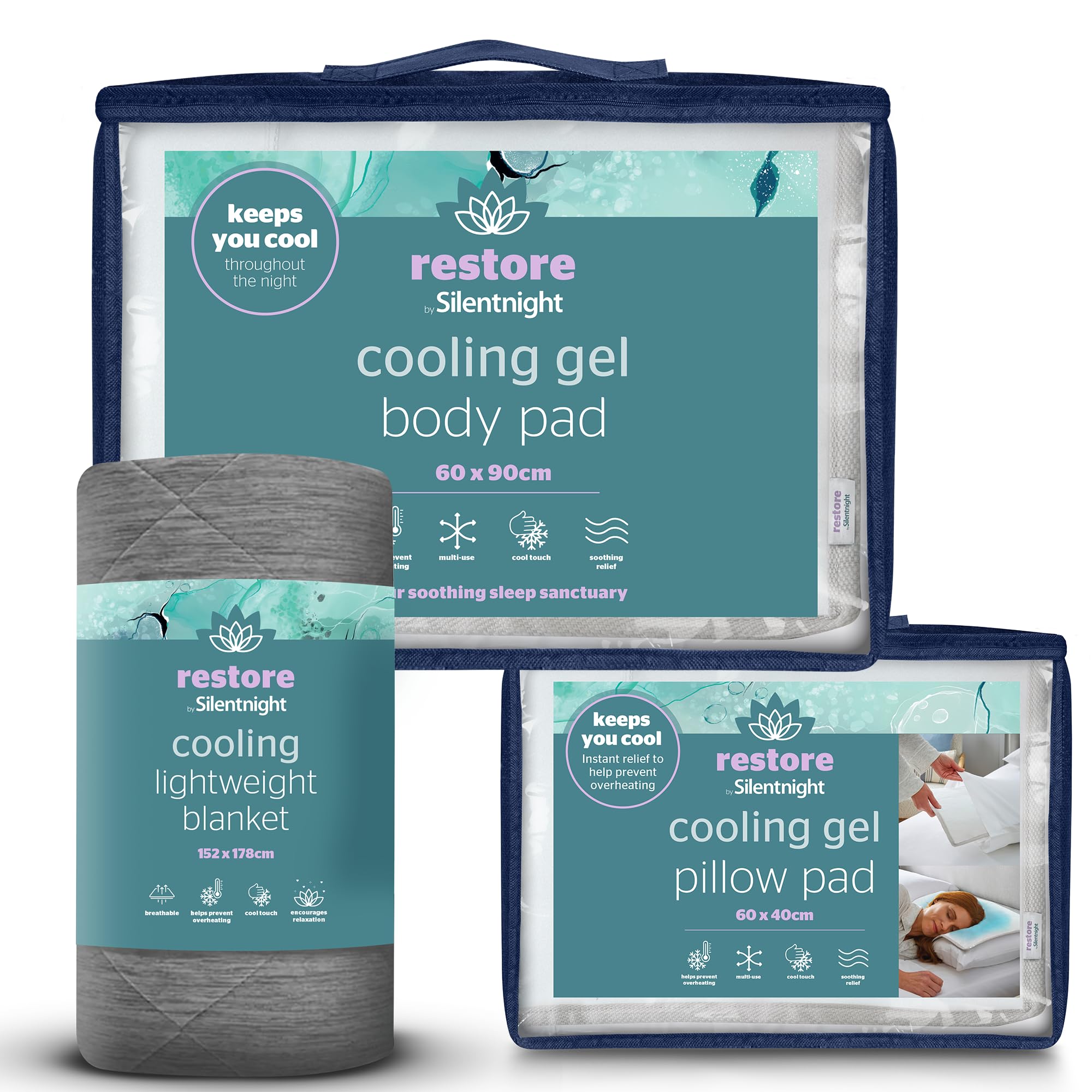 Silentnight Restore Cooling Lightweight Blanket, Pillow & Mattress Gel Pad - Prevent Overheating - Breathable Cool Feeling for Night Sweats Hot Flushes Menopause - Cool Summer Set for Bed Sofa Car