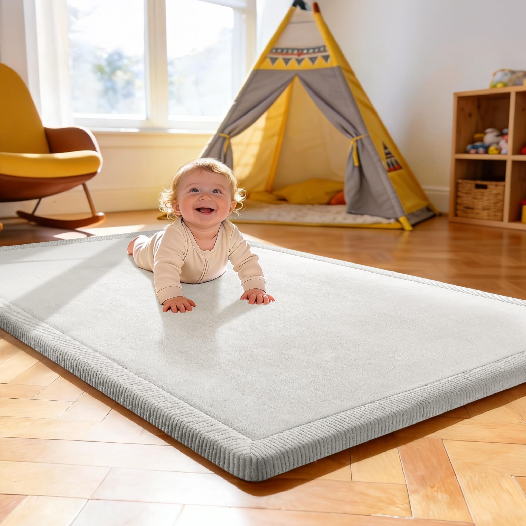 Treeboy Spielmatte Baby 80x150x2cm hellgrau – Teppich für Kinderzimmer mit hochwertigem Memory-Schaum – Krabbelmatte mit Rutschfester Unterseite – Krabbeldecke, Kinderteppich, spielteppich Kinder
