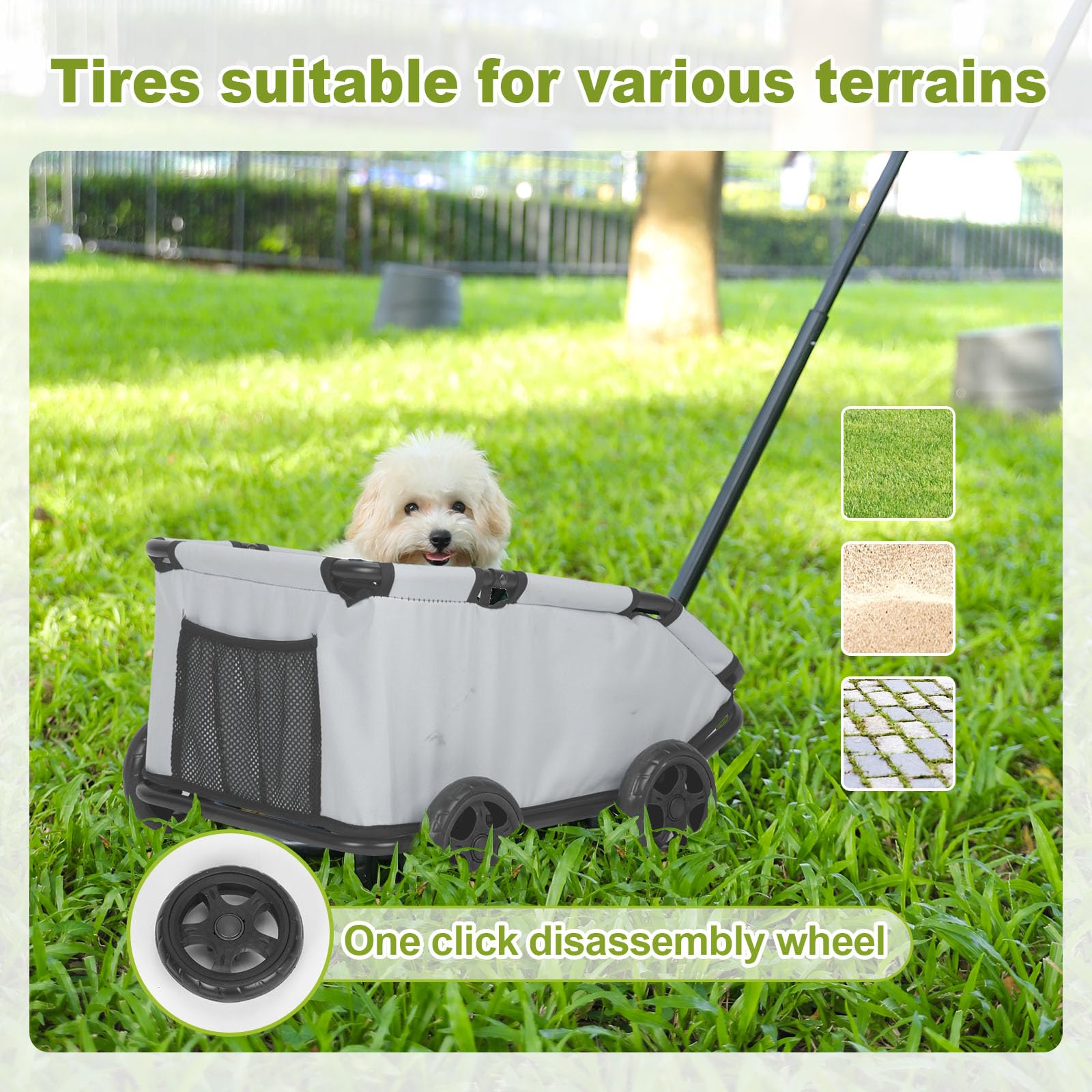 Mini-Hundewagen für Mini-Haustiere, faltbarer multifunktionaler Einkaufswagen mit ausziehbarem Ziehgriff, Doggie Wagon eingebautem Kissen und Sicherheitsseil mit Aufbewahrungstasche (Hellgrau)
