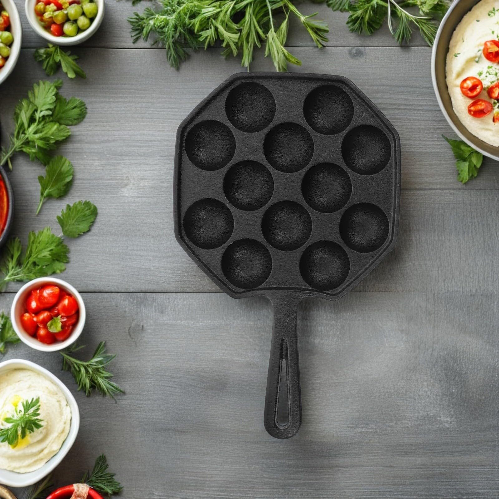 Housoutil Padella in Ferro Fuso a 12 Fori, Nera, per Cottura | Dimensione Compatta, Uso Versatile, Adatta a Riunioni e Cucine Piccole, Manutenzione Semplice