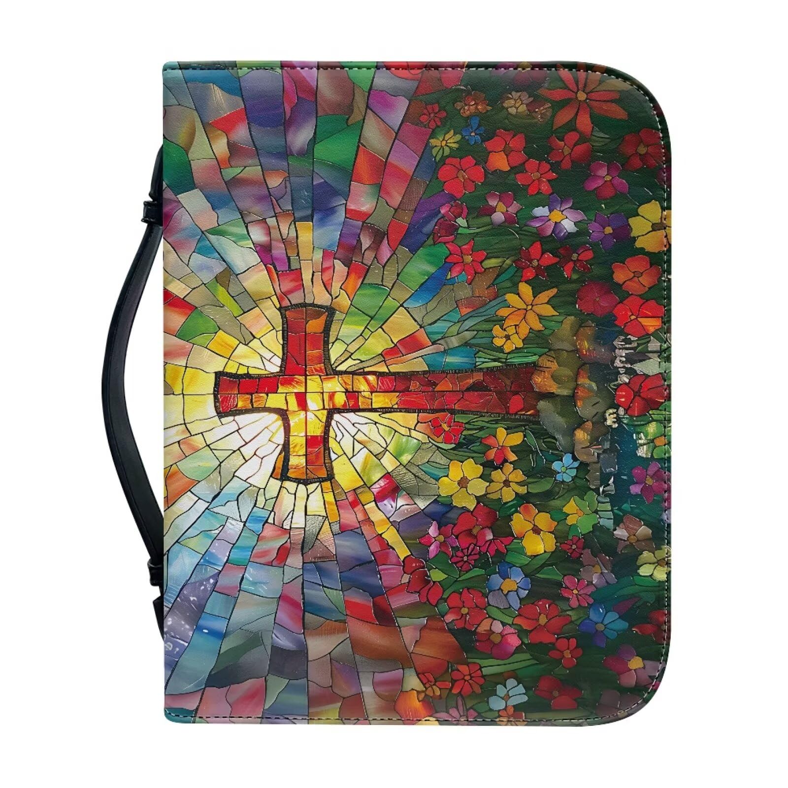 Kuiaobaty Stained Glass Cross Carrying Book Case PU Leather Bible Protective, Cross Flowers Bible Cover Christian Art Gifts for Womens