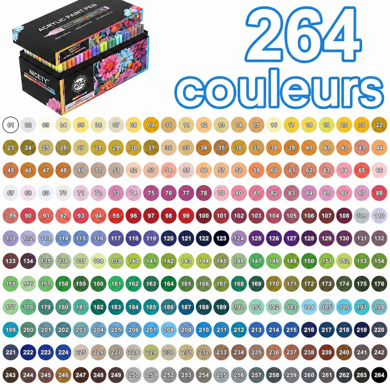 NICETY 264 Feutres Acryliques à Pointe Pinceau - Marqueurs Peinture à l'Eau Multi-Supports pour Pierre, Bois, Céramique, Verre - Pointe Flexible 1-6mm pour Artistes, Débutants et Adultes