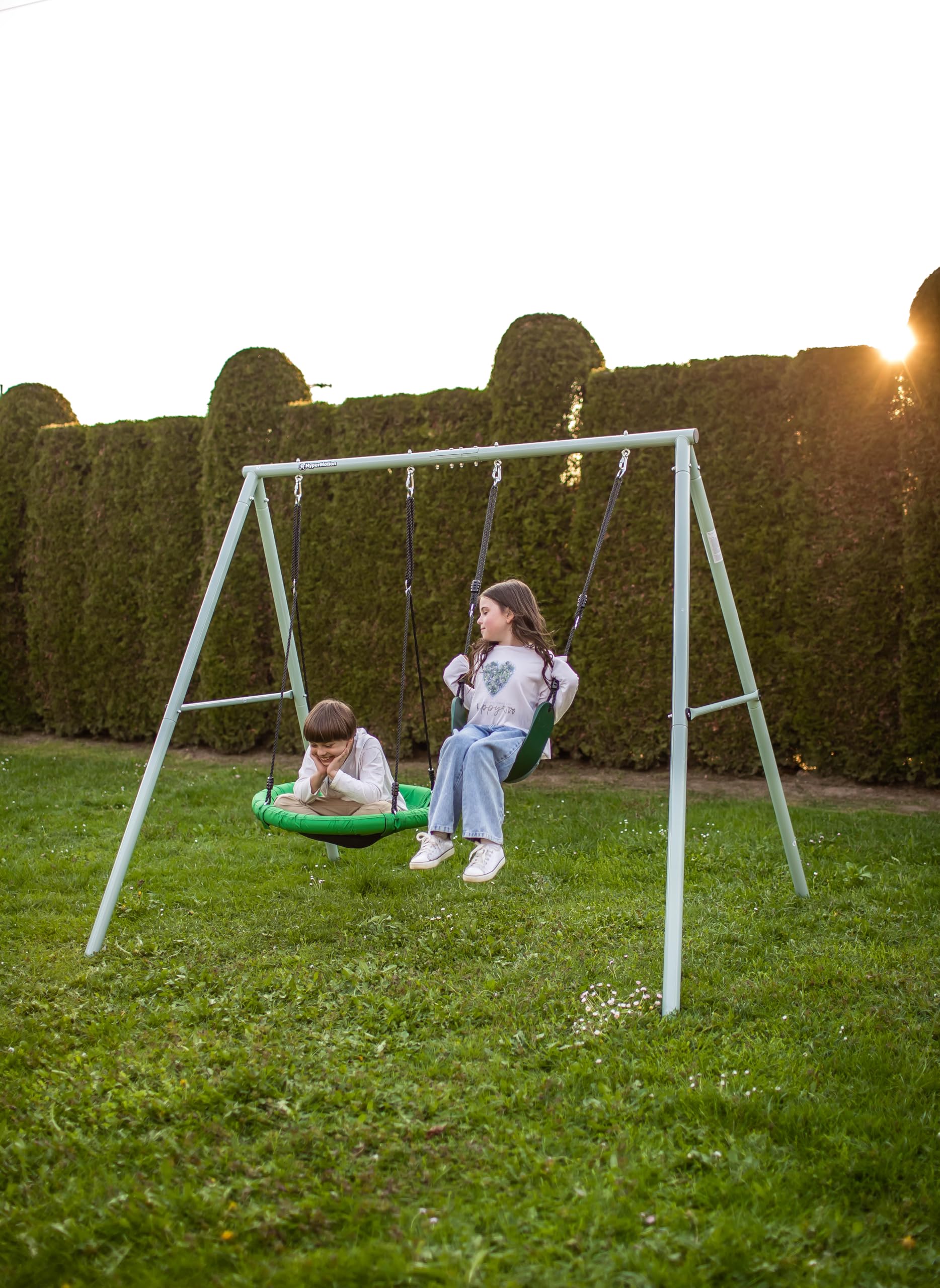 HyperMotion Columpio Infantil Doble para Jardín Exterior - Asiento y Nido de Cigüeña Ajustable con Estructura en A - para 2-3 Niños, Carga 200kg, Resistente UV