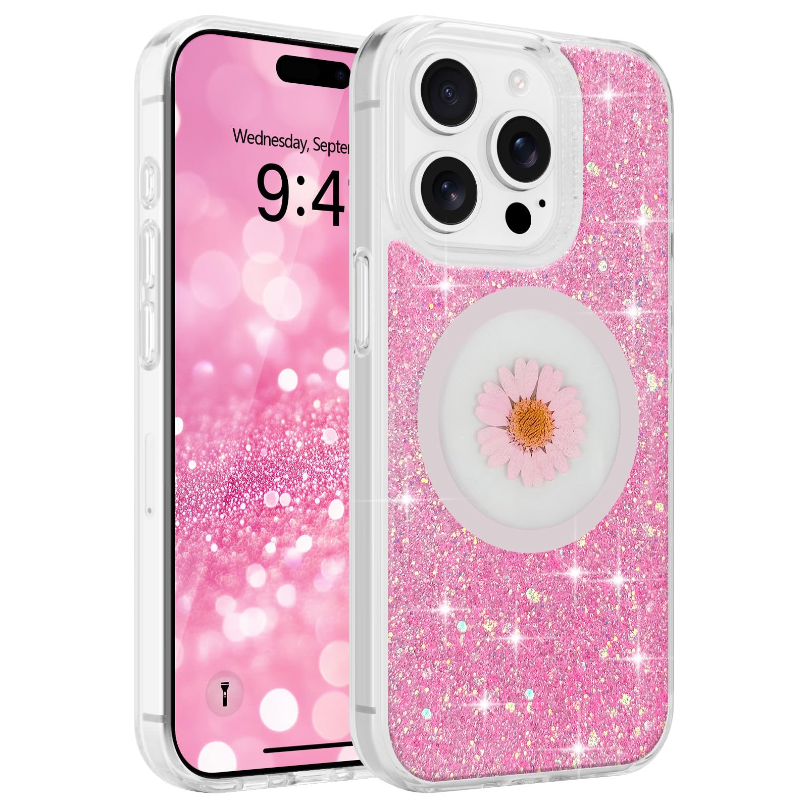 for iPhone 15 Pro Max Case Glitter, Compatible with MagSafe, Bling Sparkle Back with Pressed Real Flower, Cute Floral Cover for Women Girls, Magnetic