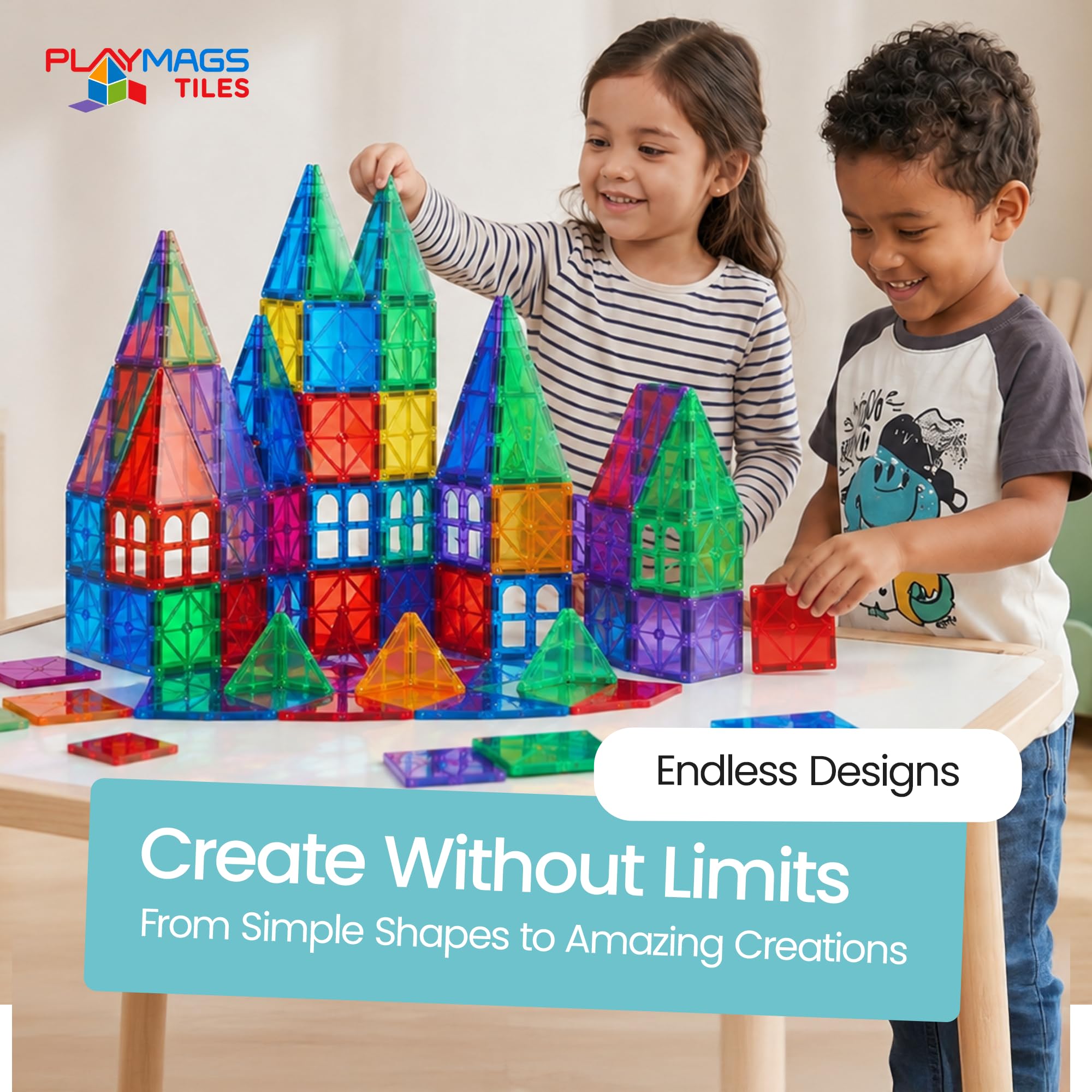 Playmags Magnetische Bausteine - Blocs De Construction Magnétiques Enfant Ensemble De 150 Mégas : Aimants Plus Puissants, Robustes, Super Durables avec des Carreaux De Couleur Clairs Et Transparents