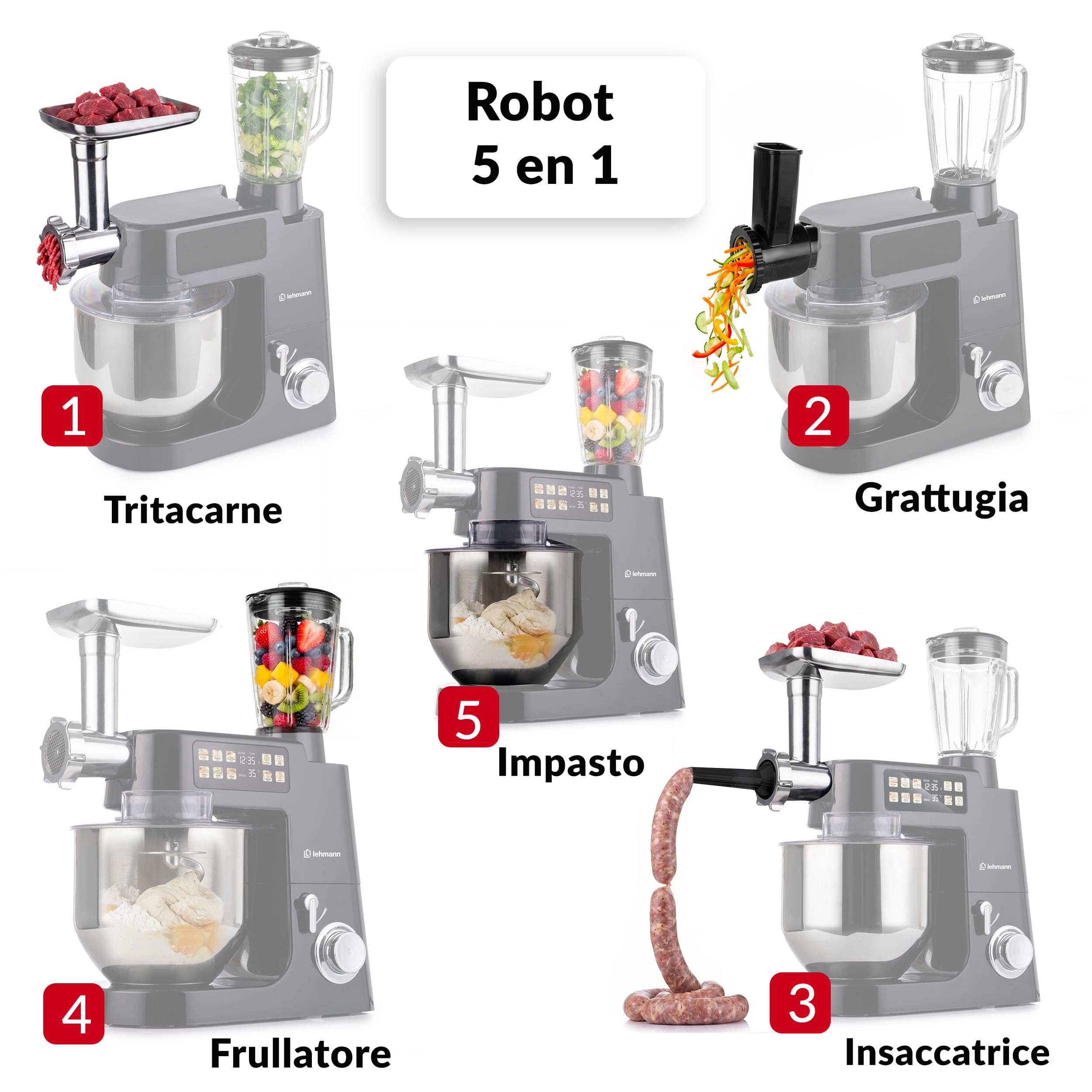 LEHMANN Teyles Impastatrice Planetaria Professionale 2100W 8L con Bilancia Integrata, Touchscreen e Ciotola Riscaldata, Blender 1,5L, Tritacarne, Planetaria per Pane e Pizza, Nero