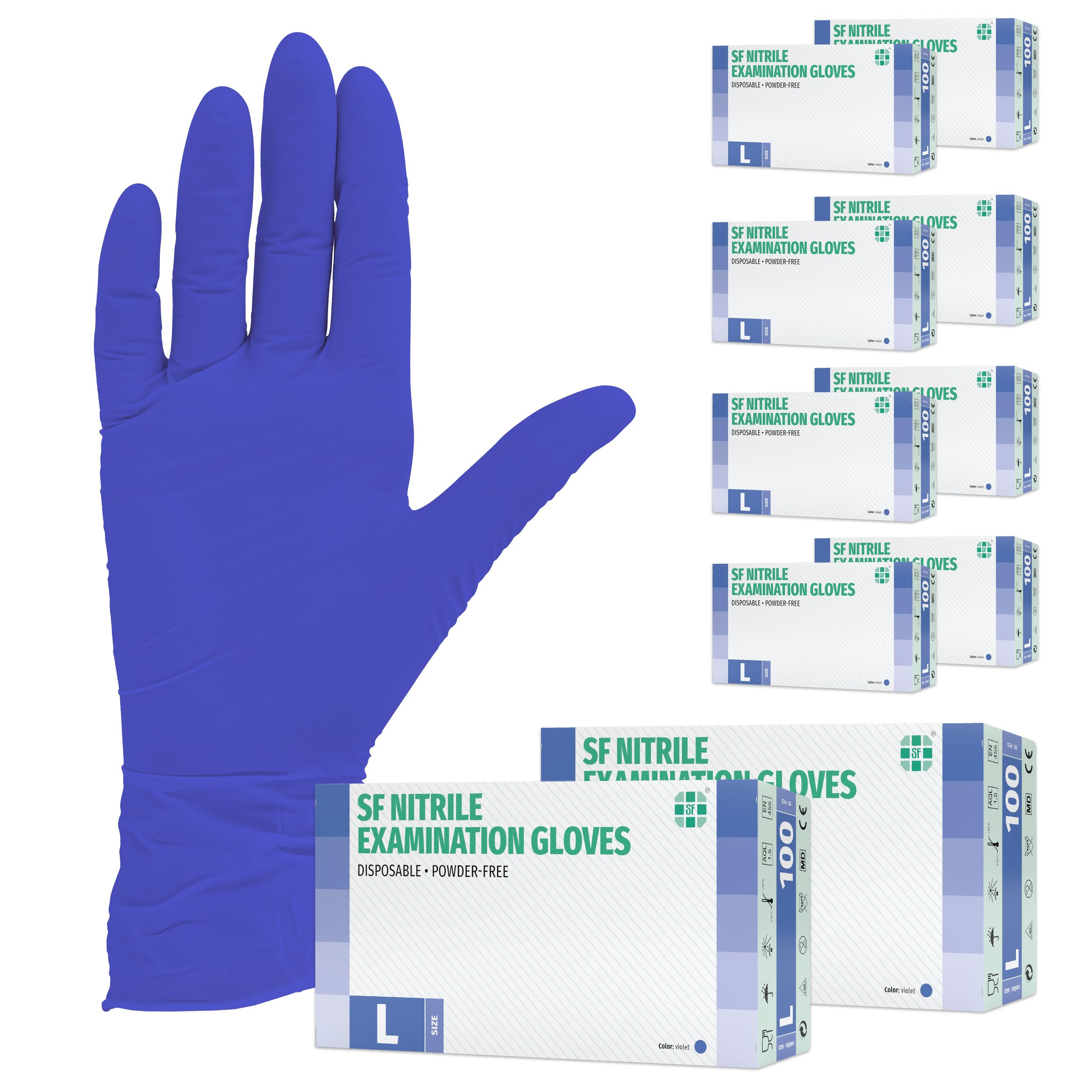 SF Guantes de nitrilo L violetas – 1000 (10x100) unidades, guantes desechables sin polvo, sin látex, médicos y de examen, aptos para cocina, limpieza, cosmética y uso doméstico