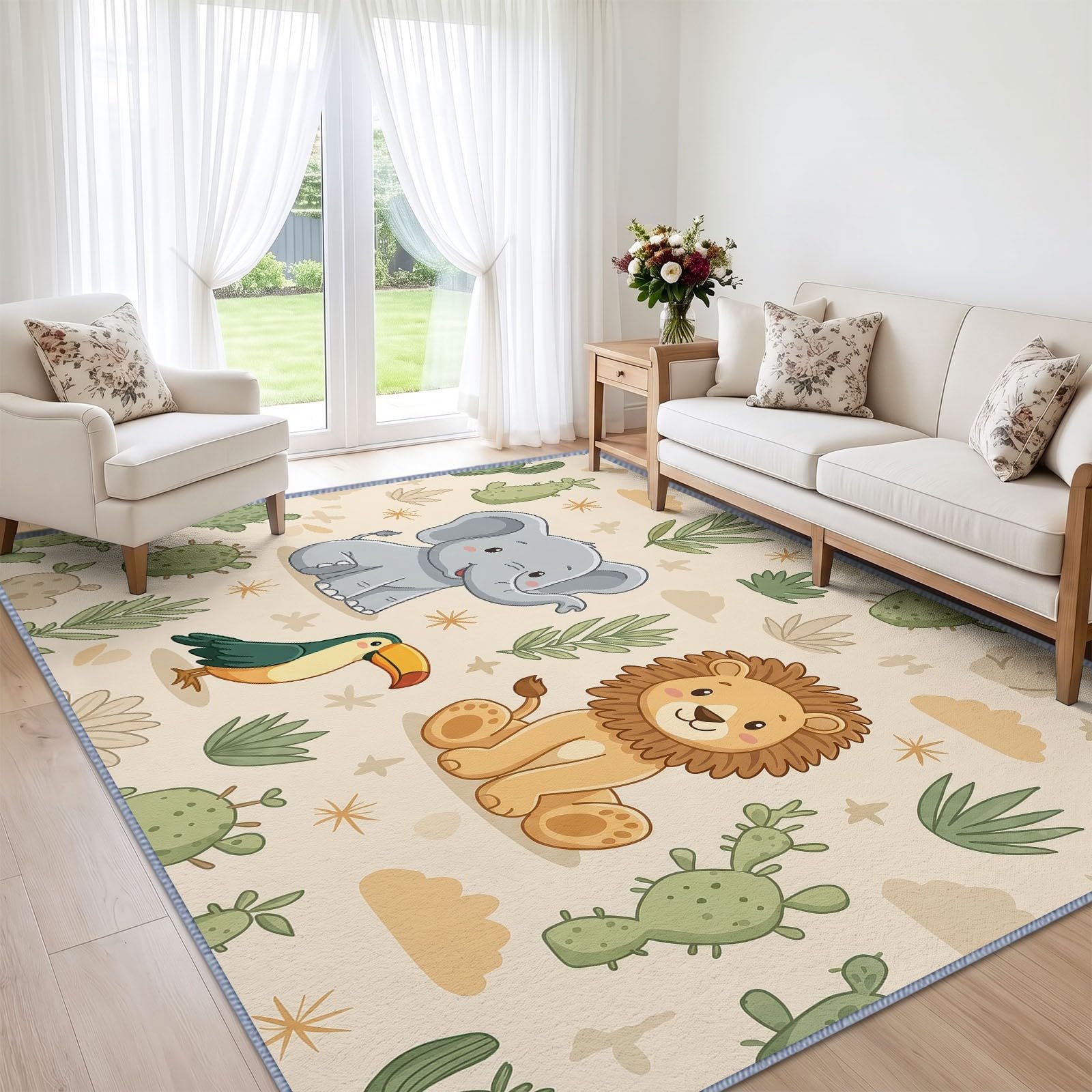 Tapis Salon Désert Animal Éléphant Lion 140 x 200 cm, Doux Tapis de Chambre Dessin Animé Lavable en Machine Imprimées Antidérapant pour Manger Intérieur Bureau Chambre Cuisine