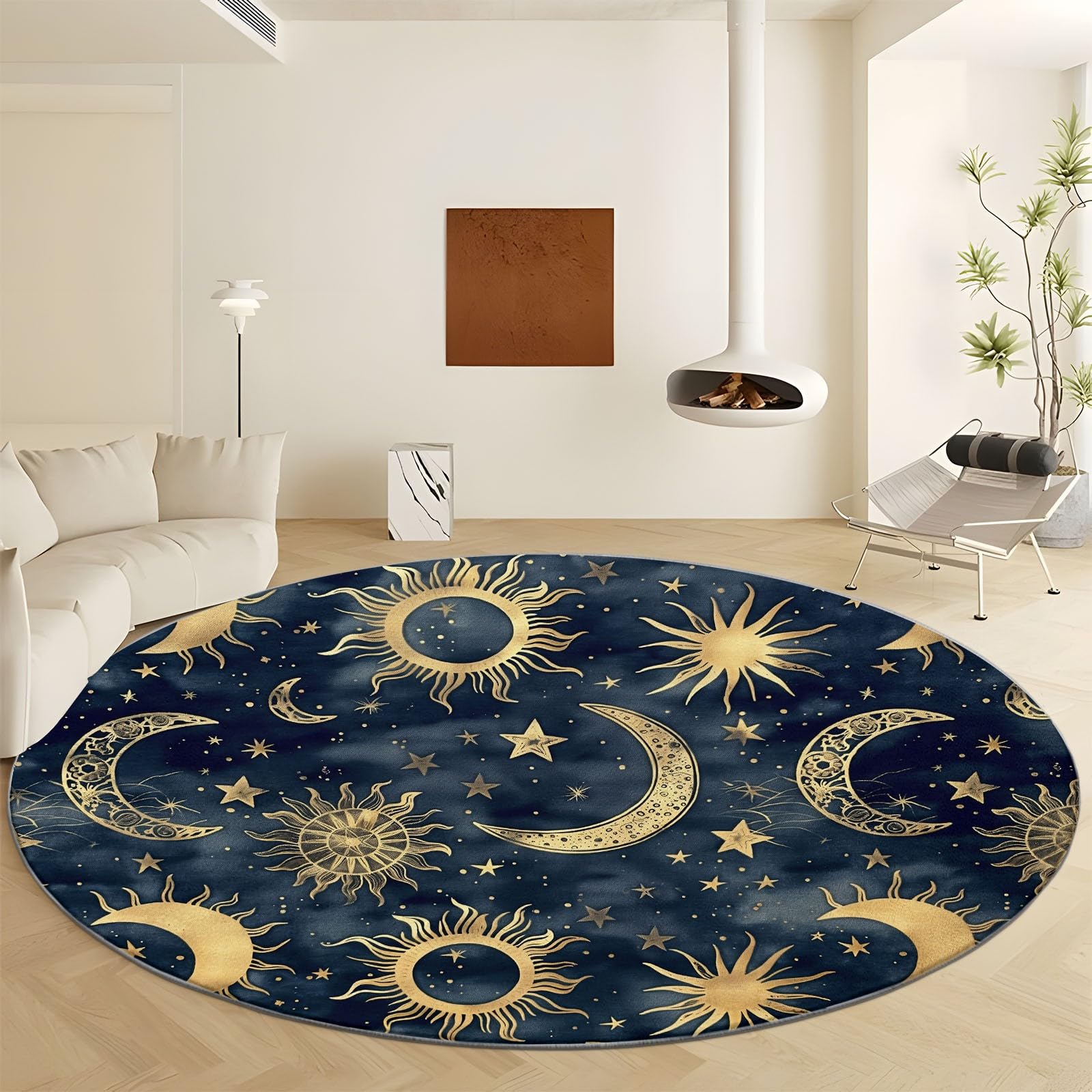 Round Area Rug 7ft Dark Blue Abstract Moon and Sun Faux Wool Non-Slip Area Rug Non-Shedding Accent Throw Rugs Floor Carpet for Living Room Bedrooms
