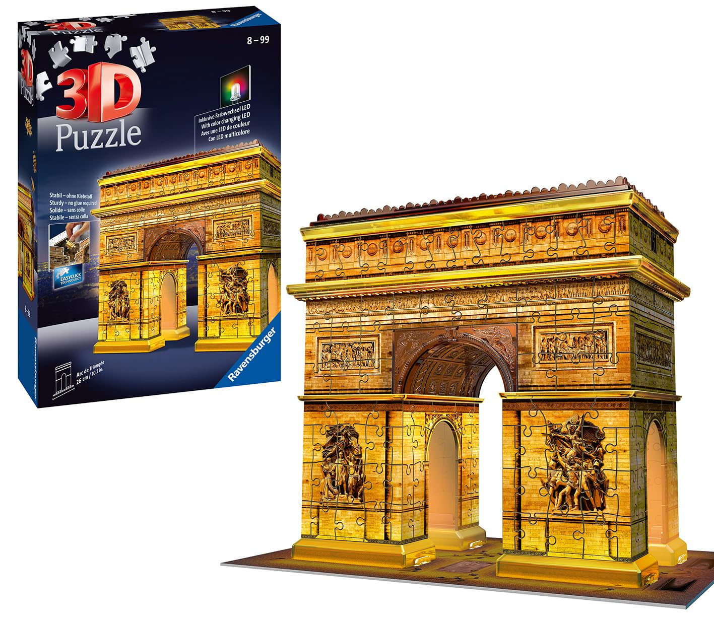 Ravensburger 3D Puzzle 12522 - Triumphbogen Night Edition - das weltbekannte Wahrzeichen aus Paris als LED beleuchtetes 3D Modell - leuchtet im Dunkeln - für große und kleine Puzzlefans ab 8 Jahren