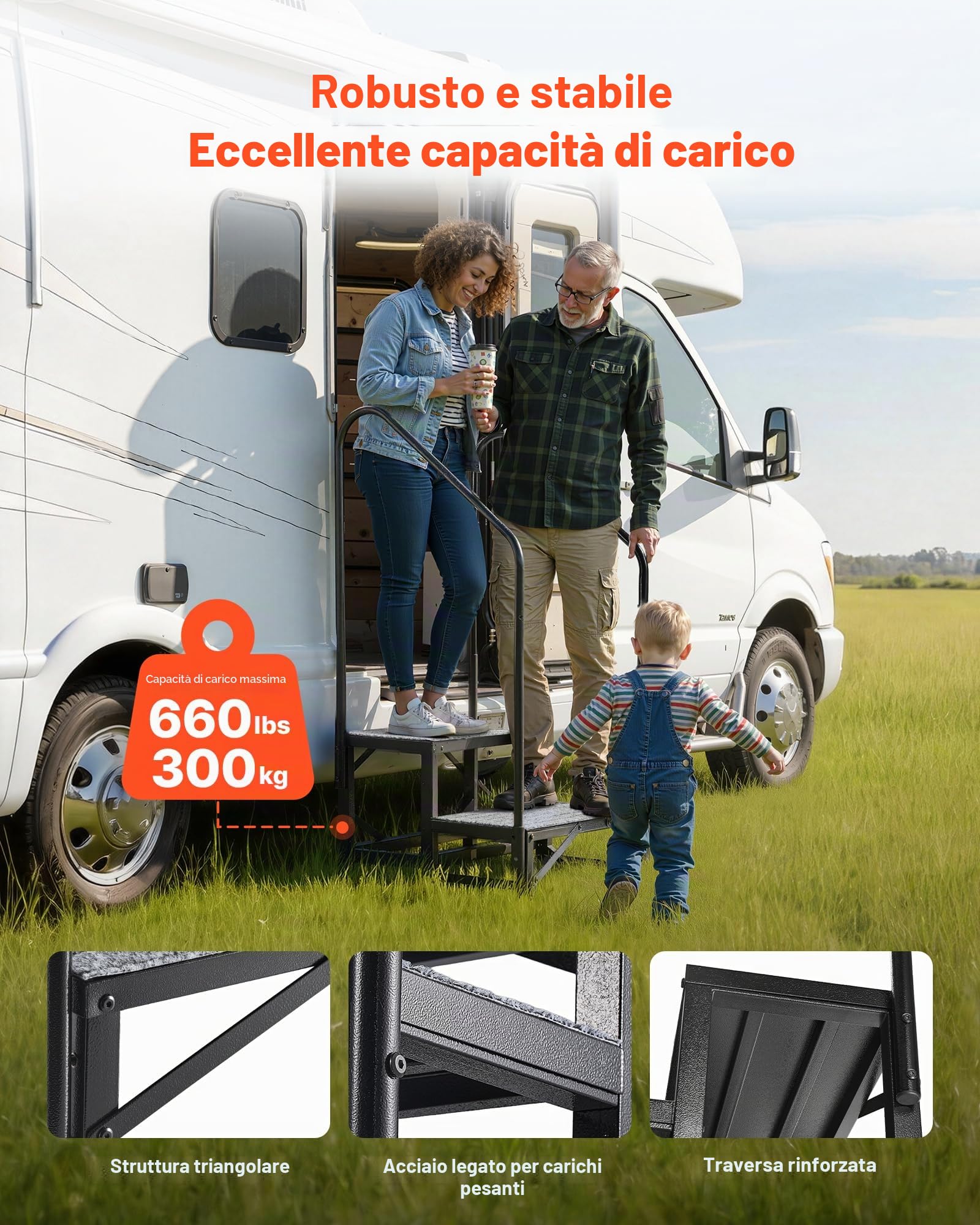 VEVOR Scaletta per Camper con 2 Corrimani a 2 Gradini capacità di Carico di 300 kg, Gradini per Camper Roulotte Antiscivolo per Animali Domestici, Scaletta 740 x 530 x 1120 mm per Roulotte Piscina