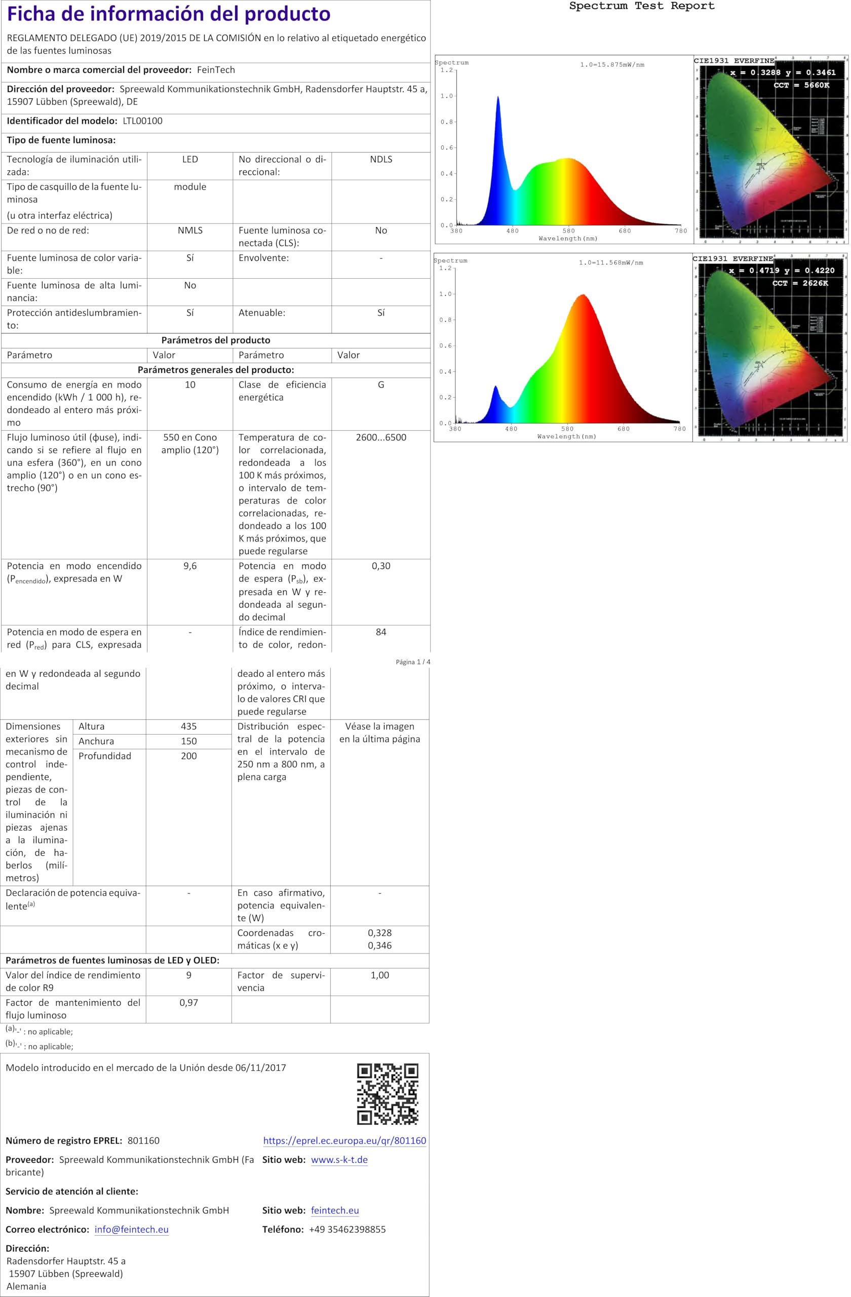 FeinTech LTL00100 lampe de bureau LED Smart-Touch 550 lumen, Luminosité et couleur dimmable, USB, 10 watts, Blanc [Classe énergétique A]