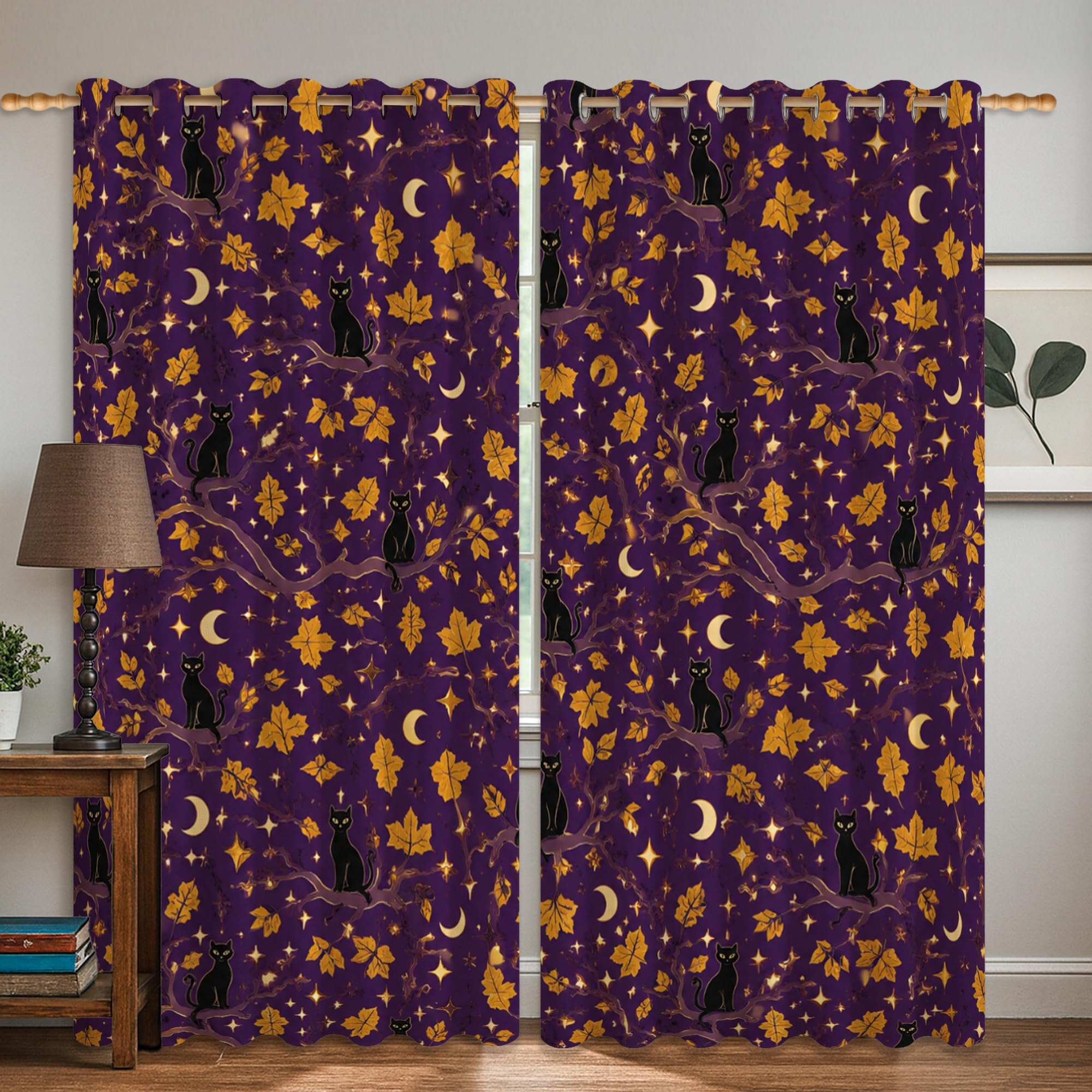 Rideau occultant chat lune et étoiles violet 132x160 cm pour cuisine