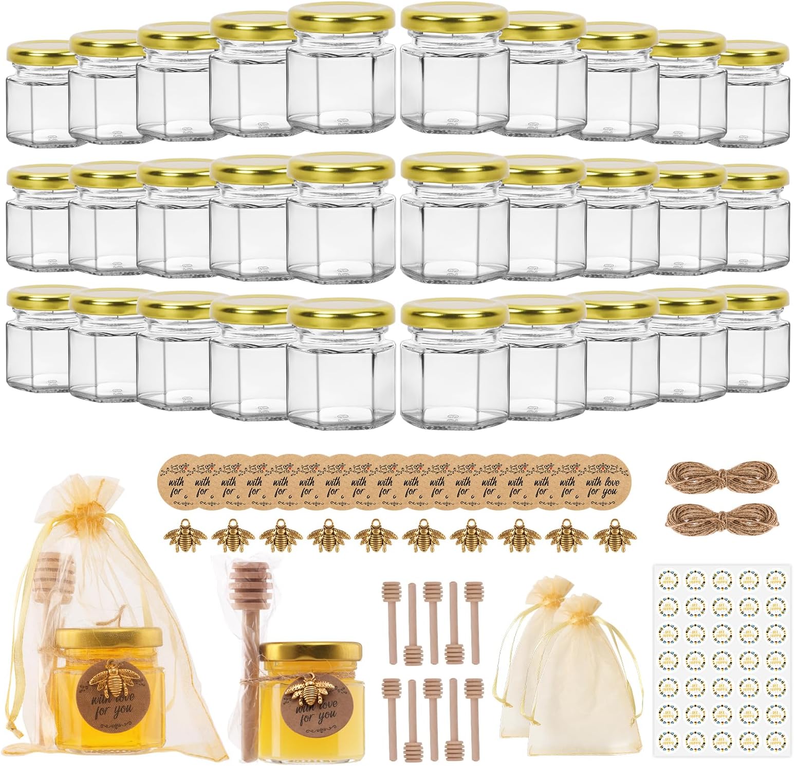 SZUAH 1.5 oz Mini Honey Jars with Dipper 30 Pack, Glass Hexagon Honey Jar for Wedding Favors, Empty Glass Jars for Party Favor (45ml, Set of 30)