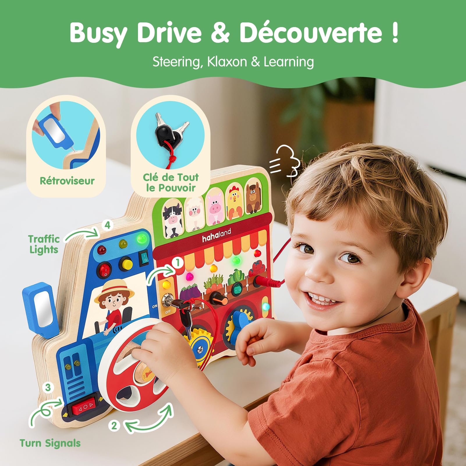 hahaland Busy Board Montessori – Tableau d’Activités en Bois avec Volant, Lumières LED, Engrenages, Interrupteurs & Sons d’Animaux – Jouet Éducatif & Motricité Fine, Cadeau Fille Garçon 1–3 Ans