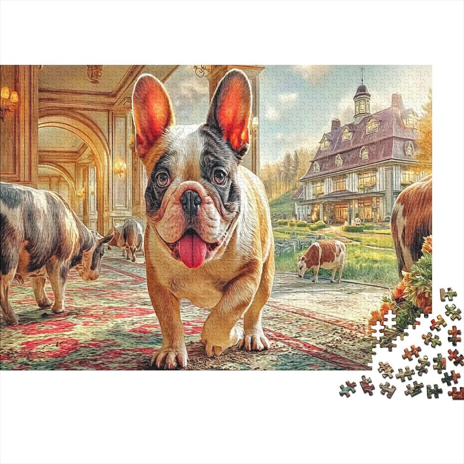 FrenchBulldog Jigsaw CheerfulPetPuzzle 1000Pc Recycled Paper for Family Puzzle Game Gifts Jigsaw Puzzles Decompression Family Game Gift 70x50cm/1000pcs
