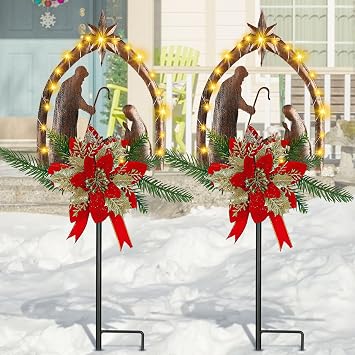 Moukeren 2 Pcs 2 Pcs 3.5ft Nativity Scene Outdoor Yard Stakes, Solar Lighted Outdoor Metal Christmas Nativity Scene Decoration for Christmas Holiday Lawn Garden Yard Decoration Rustic