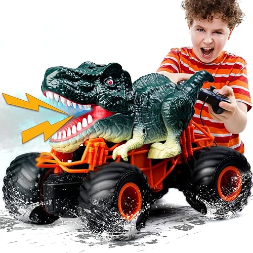 Miniatura 10 de ZDCZ Auto de dinosaurio a control remoto, 2.4 GHz RC Monster Truck Juguetes para niños, juguetes de dinosaurio RC con luz, sonido y aerosol,