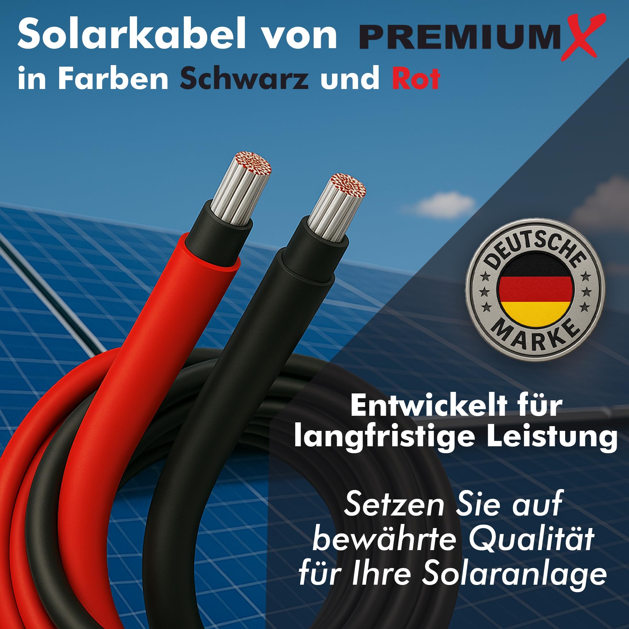 PremiumX Cavo Solare 50m 6mm² H1Z2Z2-K - Cavo Solare 1500V CC - Rame stagnata - Resistente agli UV e flessibile - Cavo PV per impianto solare, modulo, inverter - Rosso