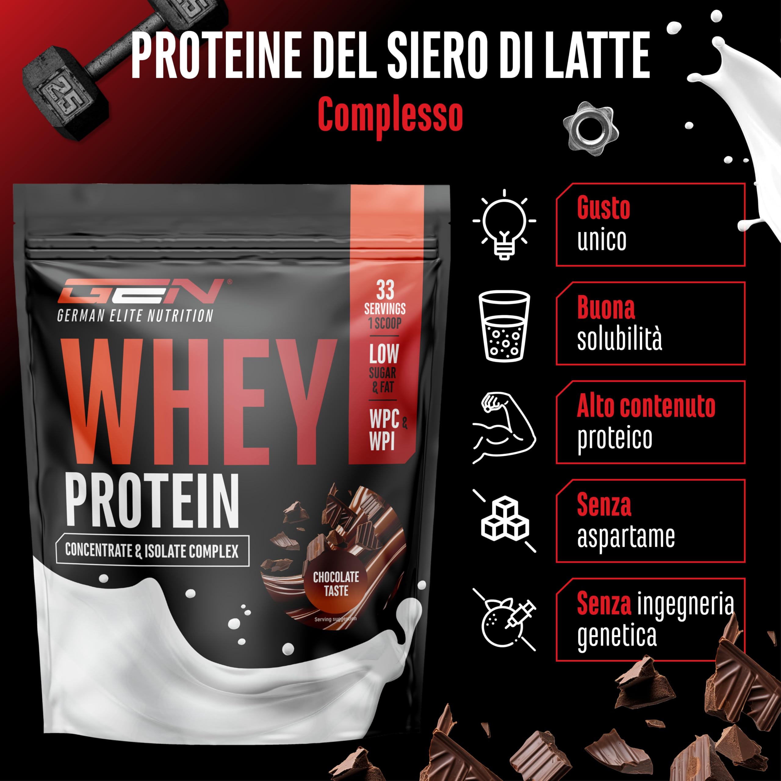 Whey Proteine Complesso - 1000 g (Cioccolato) - Con contenuto isolato - Polvere proteica solubile istantanea con BCAA ed EAA - German Elite Nutrition