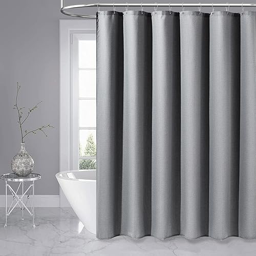 Miniatura 6 de Dynamene Cortina de ducha de tela gris  Cortinas de ducha de tela resistente con textura de punto gofre para baño, juego de cortinas de baño pesadas