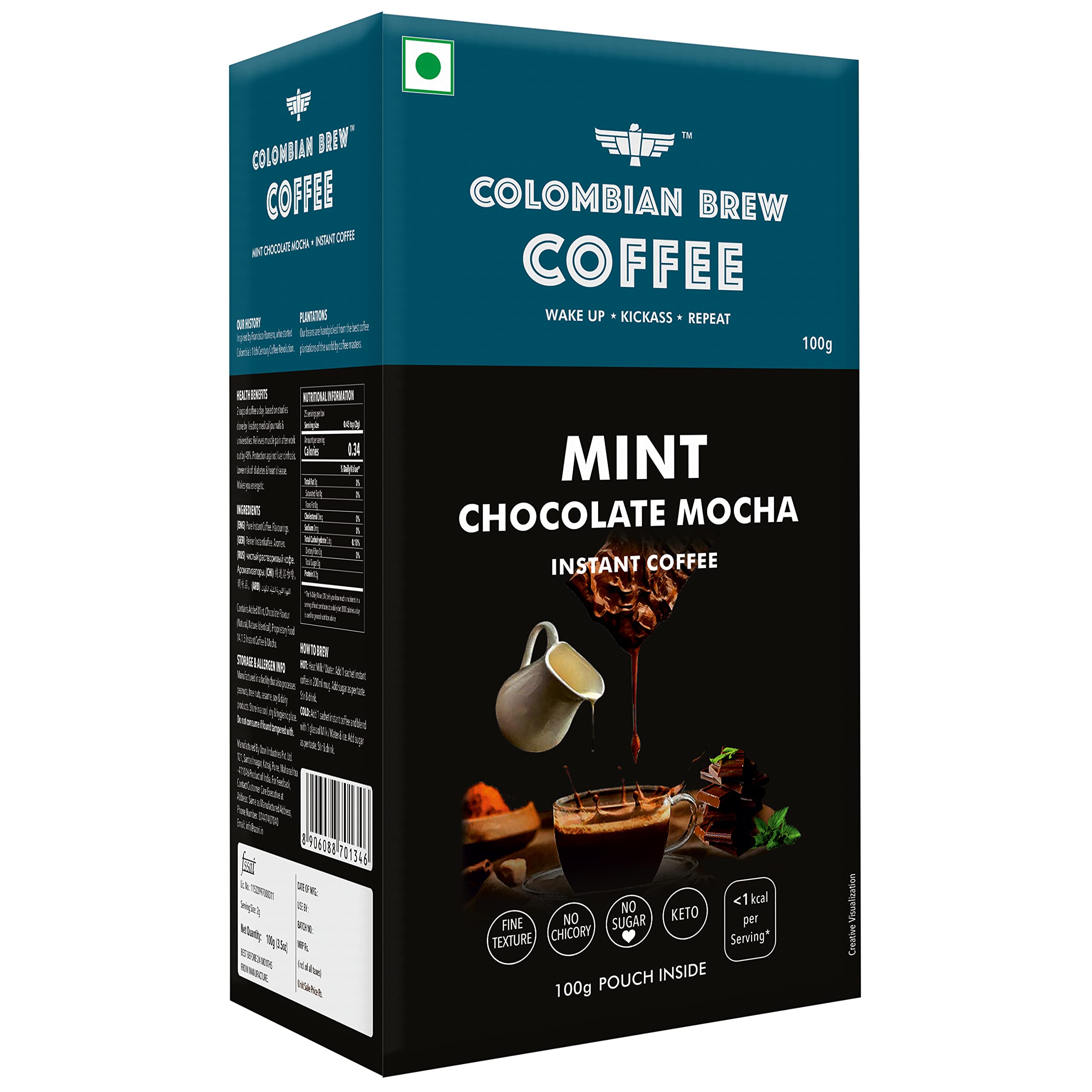 COLOMBIAN BREW COFFEE Mint Chocolate Mocha Instant Coffee Powder, No Sugar Vegan, 100G - Box (B07L9Y2DBG) Amazon Price History, Amazon Price Tracker