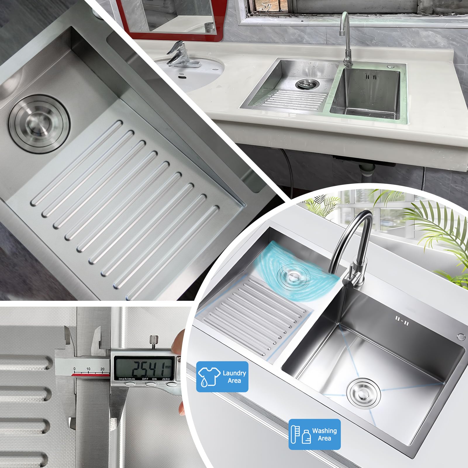 Lavabo De Acero Inoxidable Doméstico con Placa De Lavandería Fácil De Limpiar De Doble Fregadero (Color: Left, S: 80x48cm)
