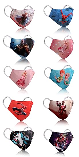 CHINTNAM Premium Cotton Kids Mask For Boys, For Girls Digital Cartoon Printed 3D Face Mask For 3 To 8-9 Year Old Boys & Girls, Reusable & Washable Children (Pack of 10, Multicolor, Without Valve )