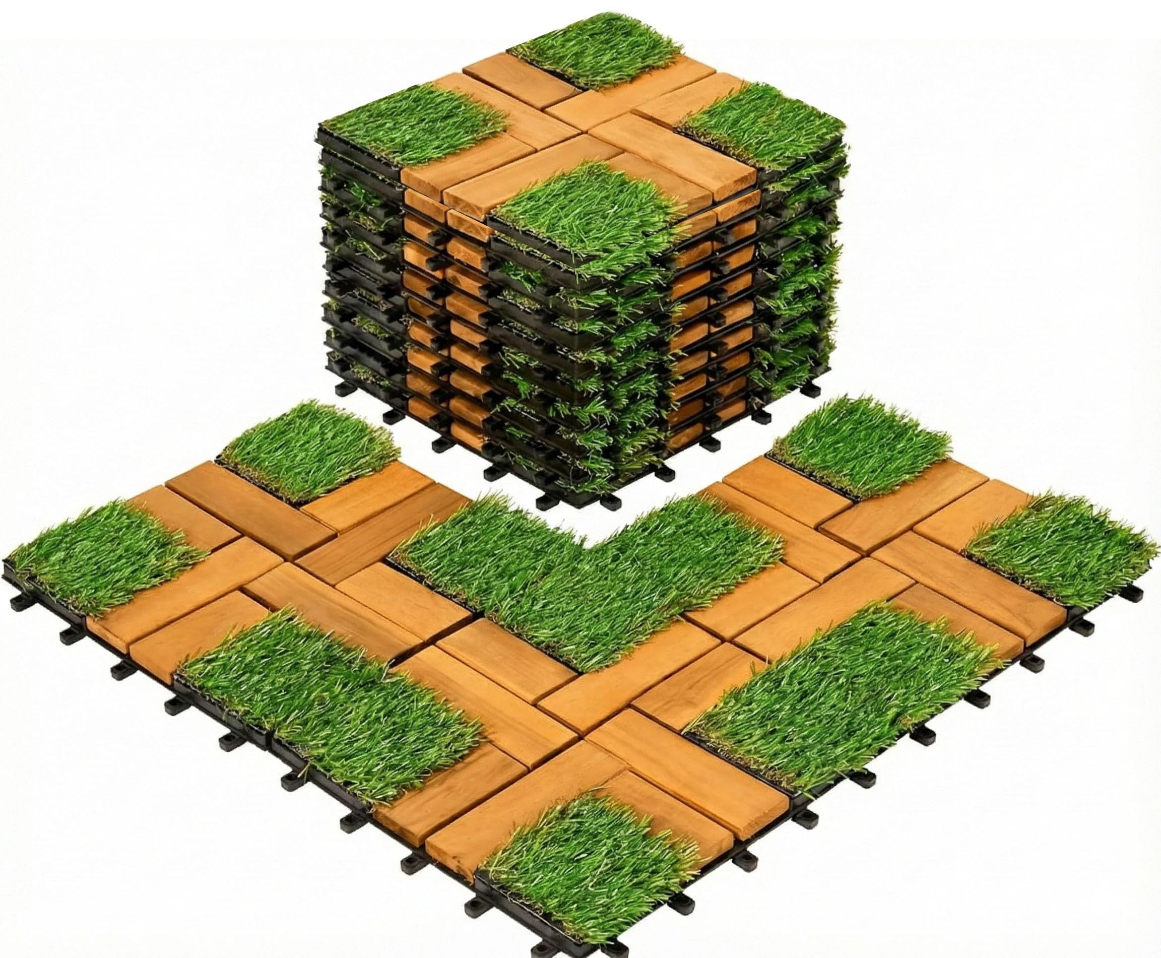 Interlocking Acacia Wood and Artificial Grass Deck Tiles, 12"x12", 0.94" Thick, Outdoor Patio Flooring for Garden, Balcony, Entryway, Landscape Edging (10 Pack)