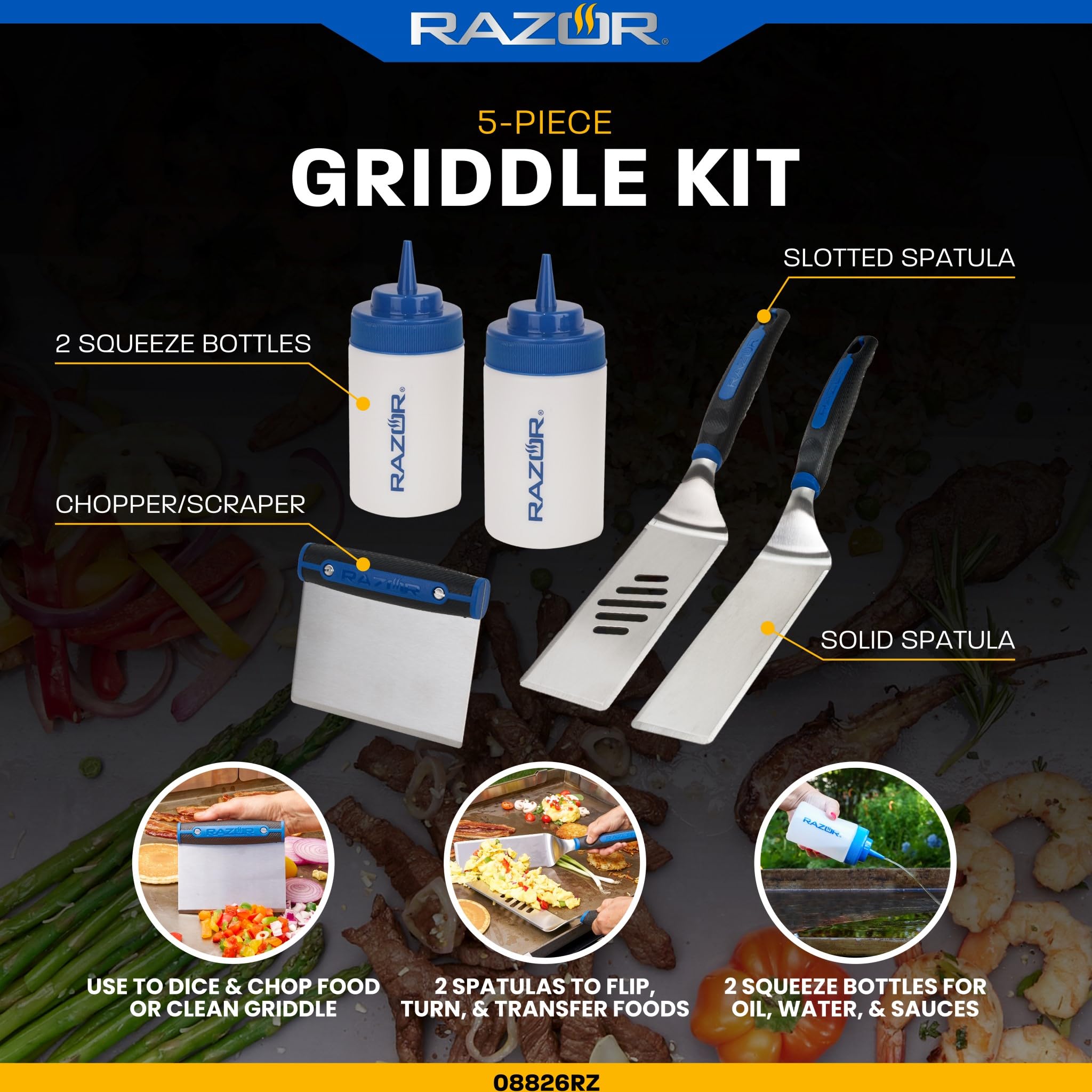Condition photo showing Good Condition for Razor 5 Piece Griddle Kit Tool Set- Includes Steel Chopper, 2 Clear Squeeze Bottles, and 2 Spatulas
