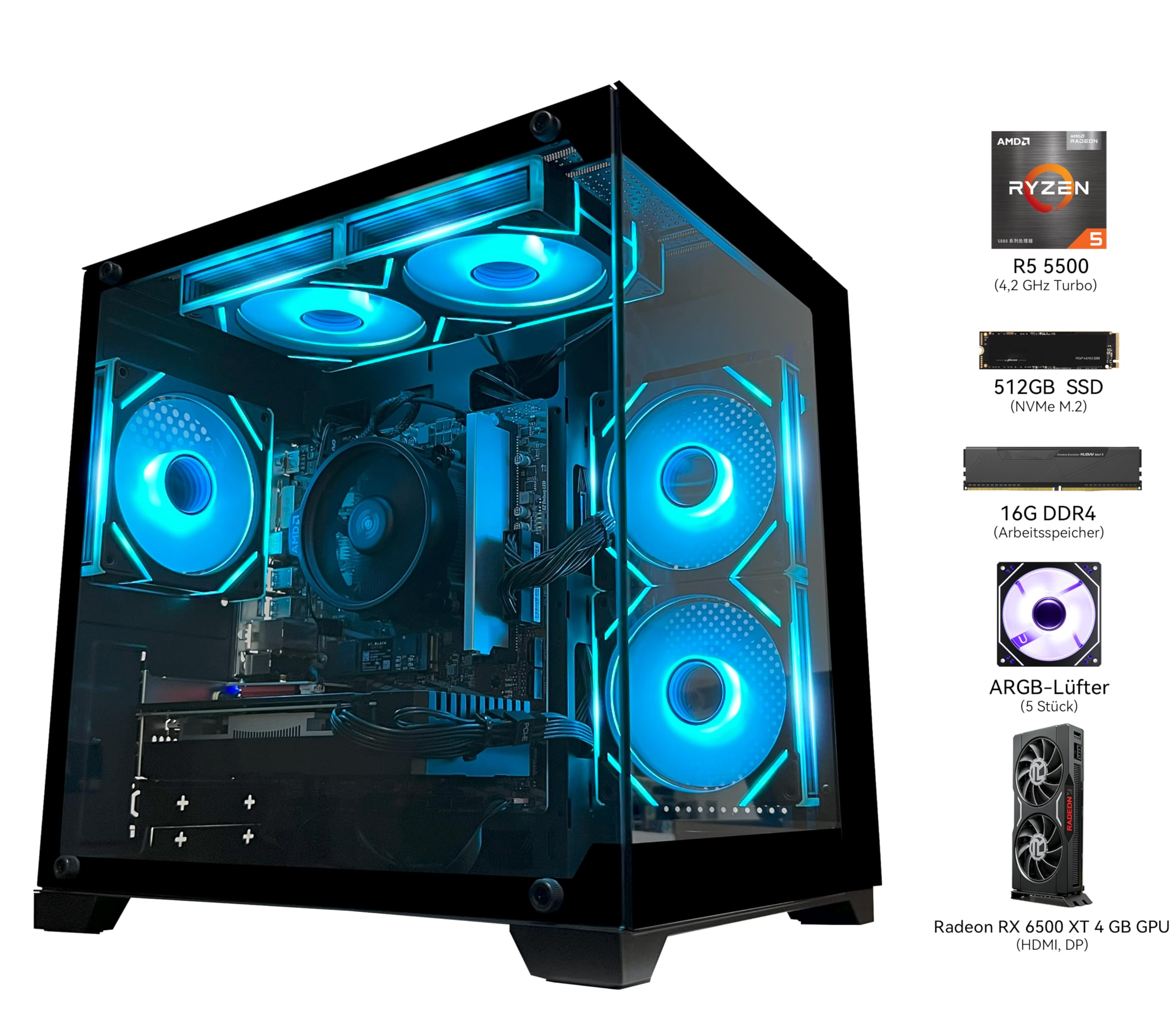 Gaming-PC, Desktop-Computer, AMD Ryzen 5 5500, RX6500XT 4GB Grafikkarte, 16 GB DDR4-RAM, 512 GB NVMe-SSD, ARGB-Lüfter, geeignet für Gaming, Design und Büro, Sea-View-Gehäuse, vorgefertigter Tower