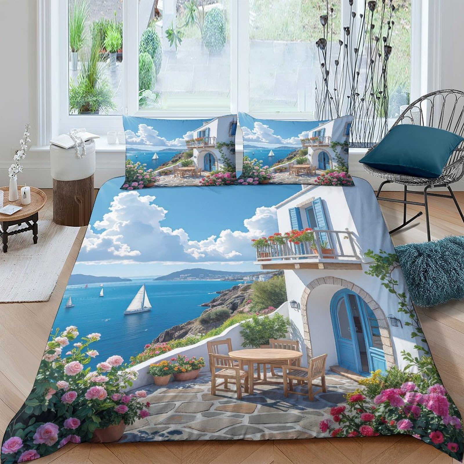 Ctjqhvkz Style-3 3D Printed Santorini Coast Fitted Sheet Microfiber Soft Breathable Mediterranean Sea Bed Cover For Bedroom Living Room Decor Single（135X200cm）